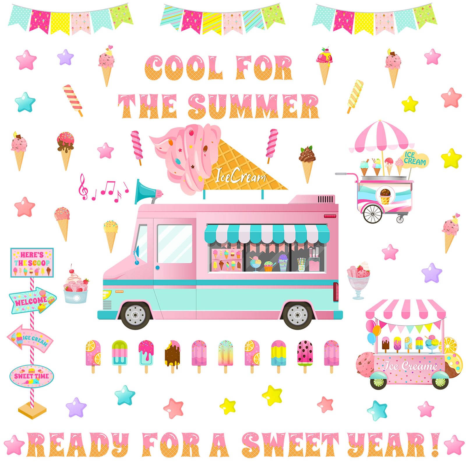 Outus Candy Bulletin Board Decor Set Classroom Decoration Ice Cream Candy Cutout with Glue Points for Birthday Party Classroom School Office Supply