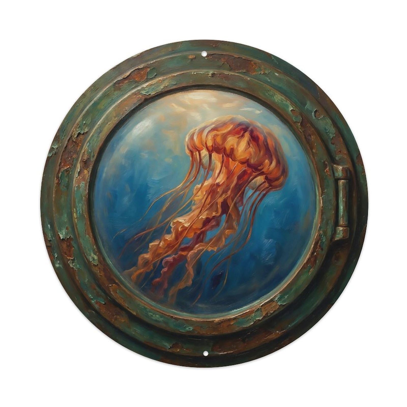 Vintage Porthole Lion Mane Jellyfish Ship Window Undersea Deep Sea Metal Tin Sign
