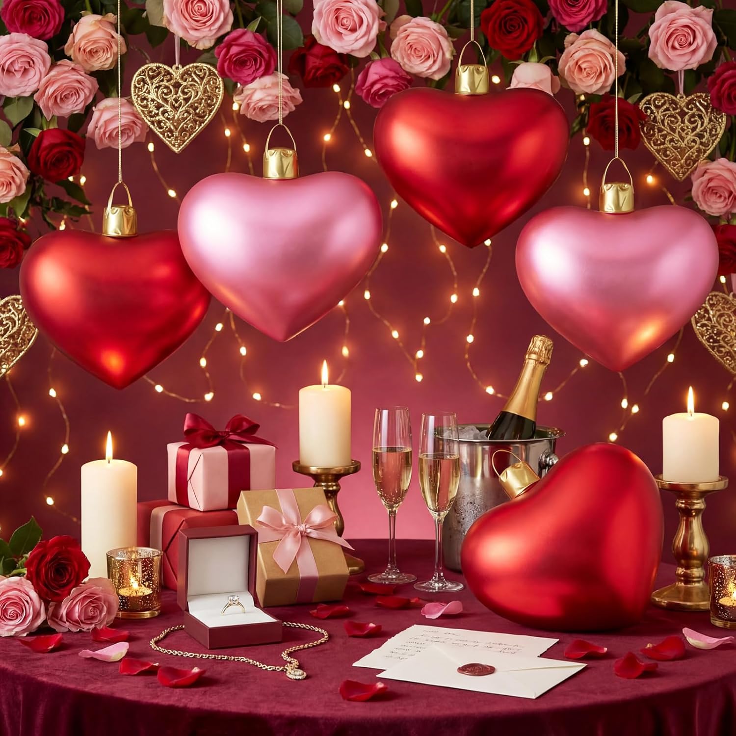 Jetec 4 Pcs 17" Valentine's Day Inflatable Ornament with Glitter Cloth Cover, Large PVC Heart Blow up Ornaments Blow Ball for Yard Outdoor Lawn Porch Decorations (Heart,Red,Pink)