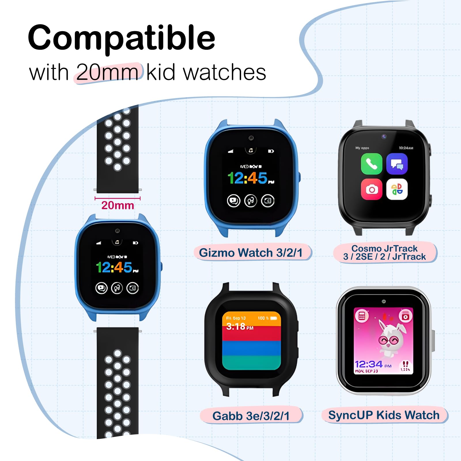 Lot de 3 bracelets de montre Gizmo étanches en silicone pour enfants compatibles avec Gizmo Watch 3 2 1/Gabb Watch 3 2 1/SyncUP/Cosmo JrTrack, bracelets de sport respirants et souples avec trous