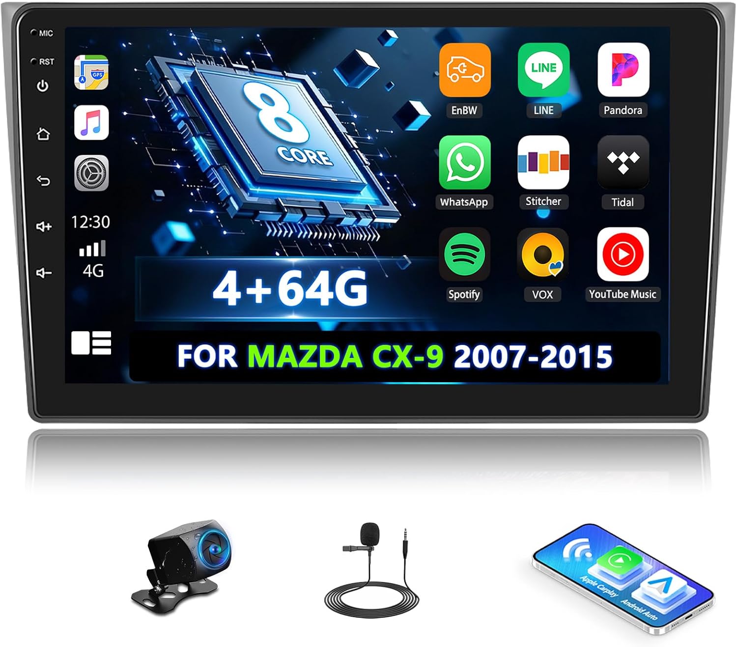 [4+64G] 8-Core Android 15 Car Stereo for Mazda CX-9 2007-2015 with Wireless Carplay&Android Auto,10.1 Inch Car Radio with Mirror Link Bluetooth FM/RDS WiFi GPS Navigation SWC Dual USB+Backup Camera