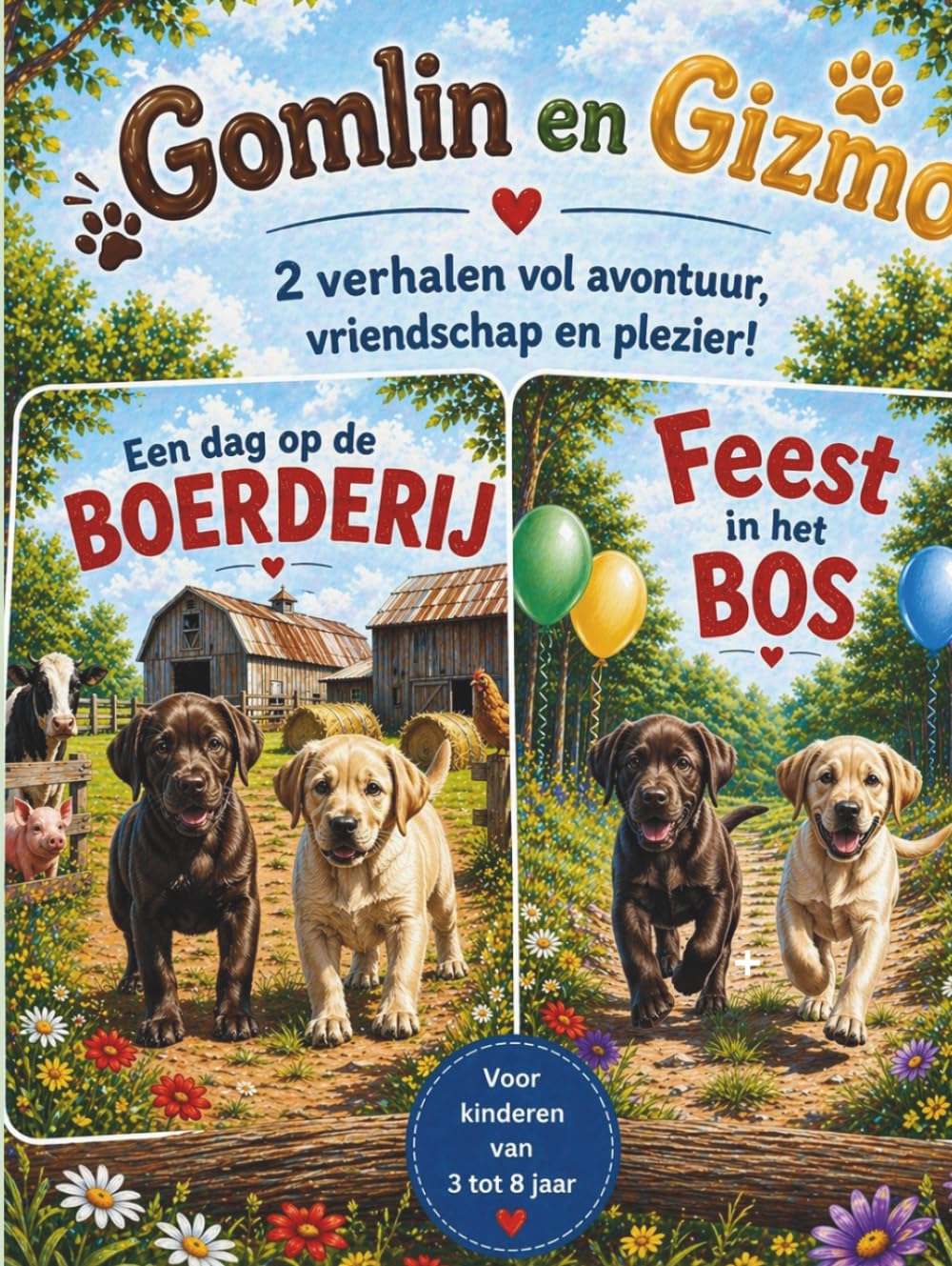 Gomlin en Gizmo | 2-in-1 Kinderboek: Een dag op de boerderij & Feest in het bos | Prentenboek over dieren voor kinderen 3-8 jaar (voorlezen & zelf lezen) honden voorleesboek peuters kleuters cadeau