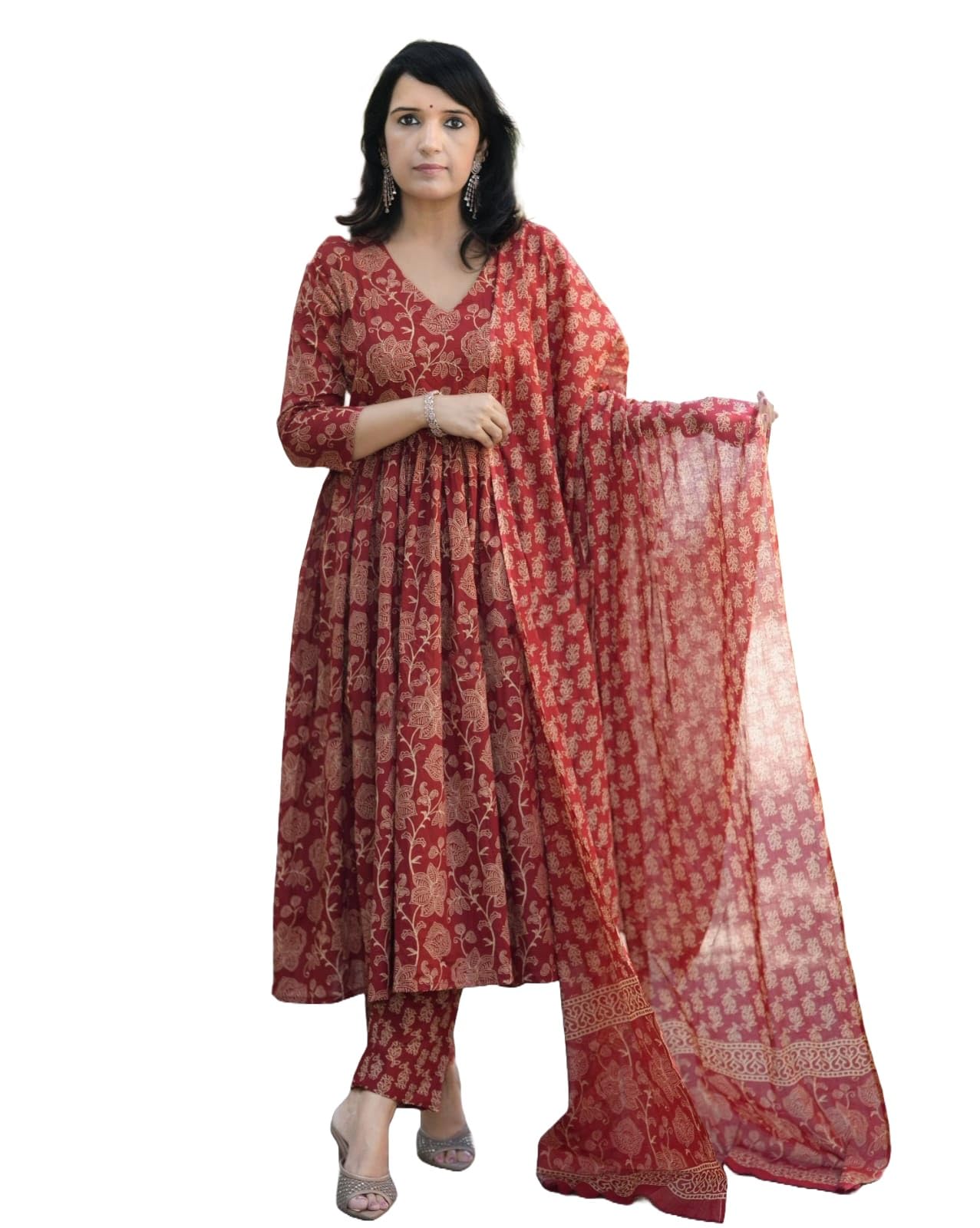 Nermosa Viscose Women Printed Anarkali Kurta And Pant With Dupatta Set (In, Alpha, Xl, Red)