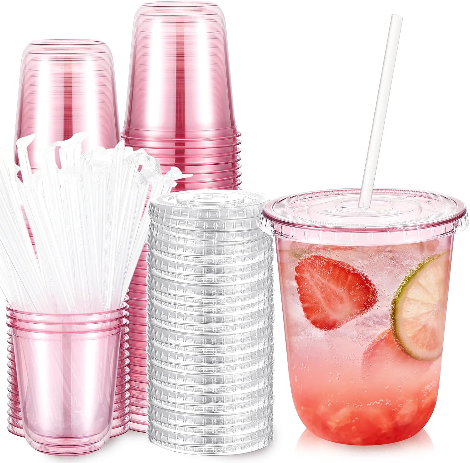 Ziliny 50 Sets 14oz Pink Plastic Cups with Lids and Straws Disposable Cups