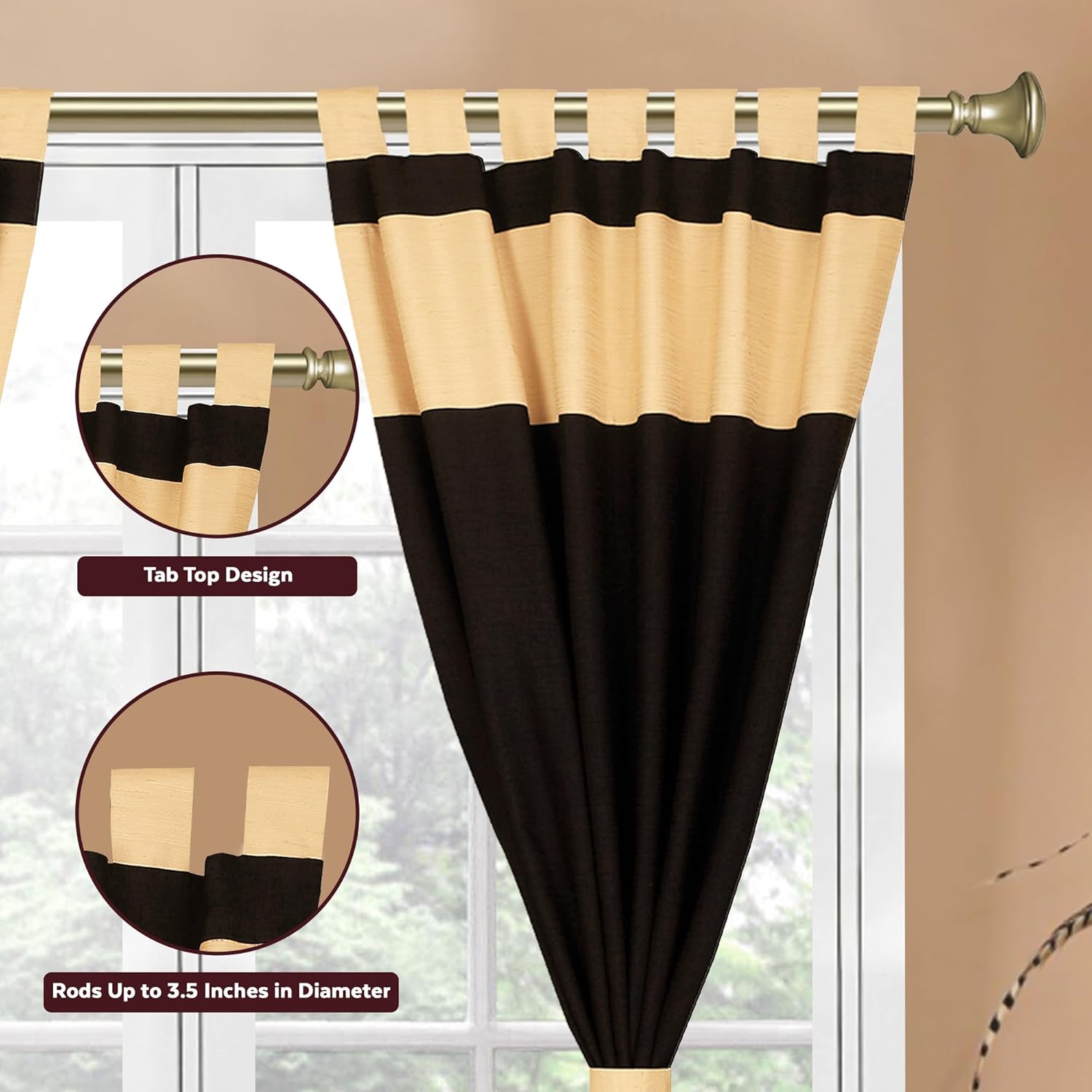Elegant 6-Piece Silk Curtain & Cushion Set Two-Tone Black Gold, Tab Top Header style Machine Washable, 43"W x 108"L Panels, 2 Cushion Covers, Handcrafted Blended Raw Silk for Living & Dining Room