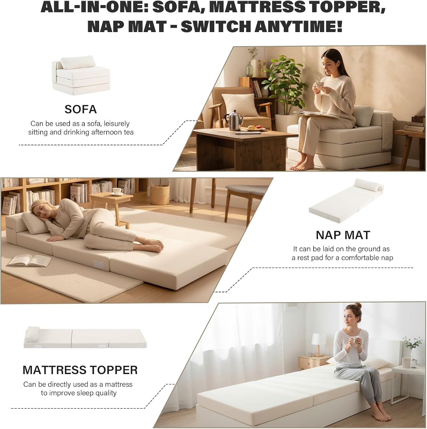 Tiita Folding Sofa Bed-Convertible Sleeper Chair with Storage Bag, Tri Foldable Mattress with Pillow, Portable Fold Out Chair Bed Floor Sofa for Living Room/Dorm/Guest Use/Travel, Single Size, Beige image 3