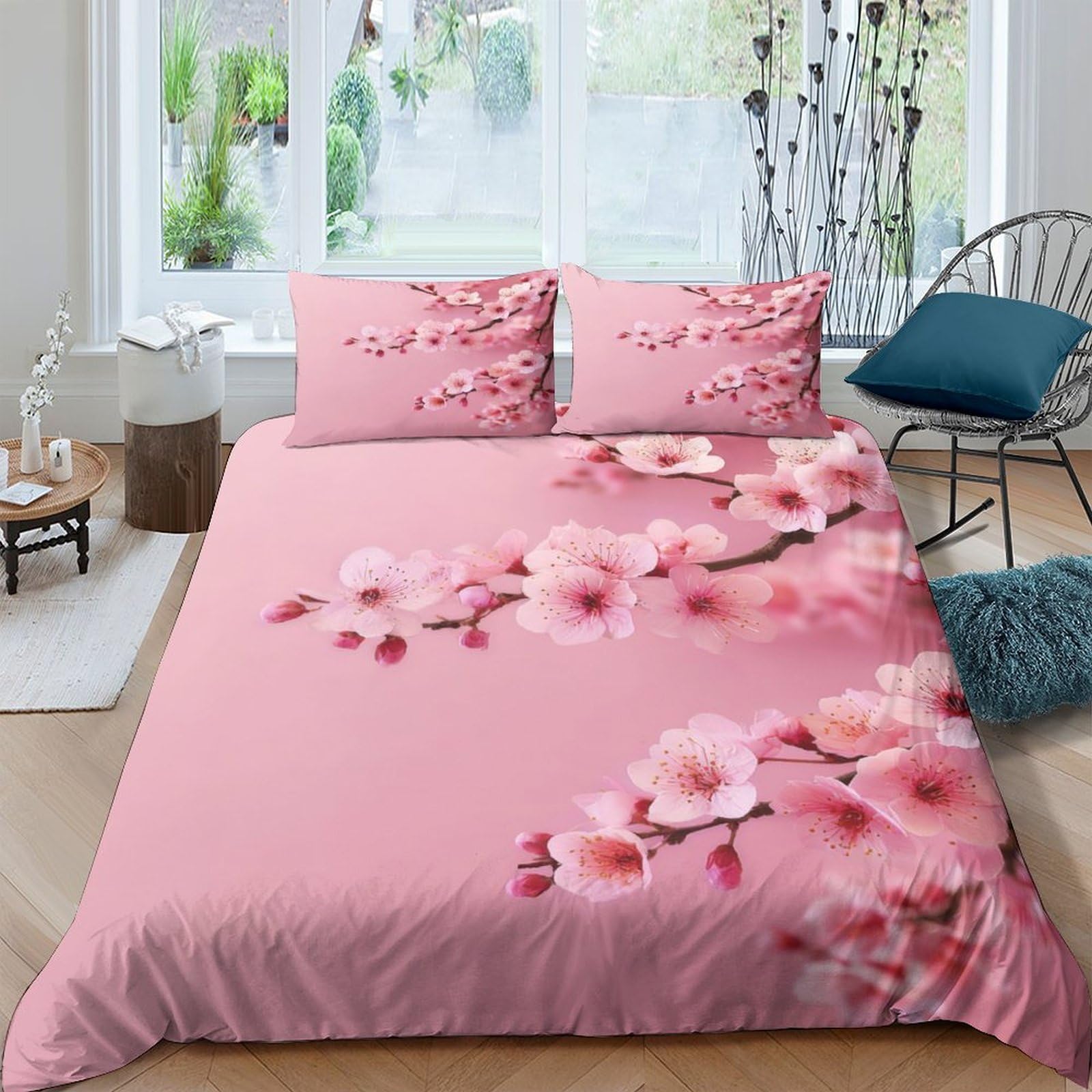 GPLZQXKJNH 3D Printed Cherry Blossom Duvet Cover Set Microfiber Pink Floral Quilt Cover with 2 Pillowcases Soft Breathable for Bedroom Single（135x200cm）