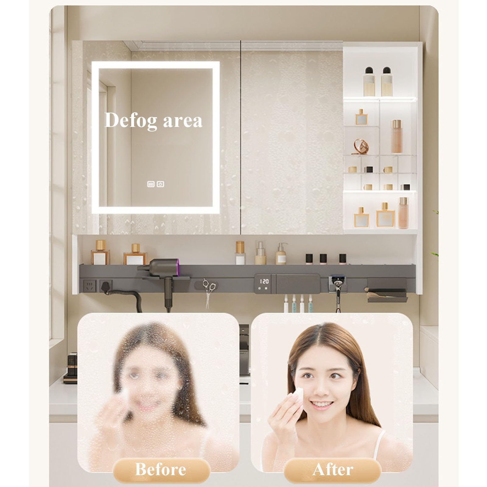 Armario Espejo Baño Con Luz De Aluminio Espacial,Espejo Baño Con Luz,Estante De Pared Para Baño Con Estante,Baño Moderno Con Espejo/Secador De Pelo/Cepillo De Dientes/Cepillo De Maquillaje En Estante(