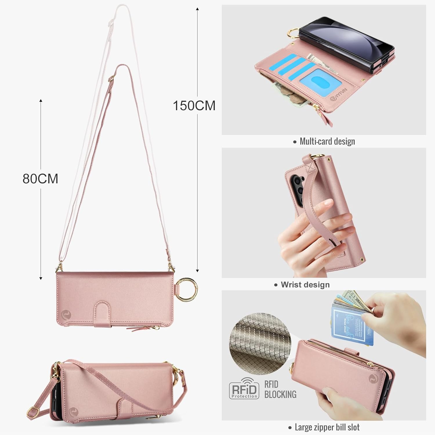 for Samsung Galaxy Z Fold 5 Case Wallet with RFID Blocking Card Holder and Shoulder Strap Wrist Strap, Multi-Function Stylish Ring Zipper Purse Case for Galaxy Z Fold 5, Rose Gold