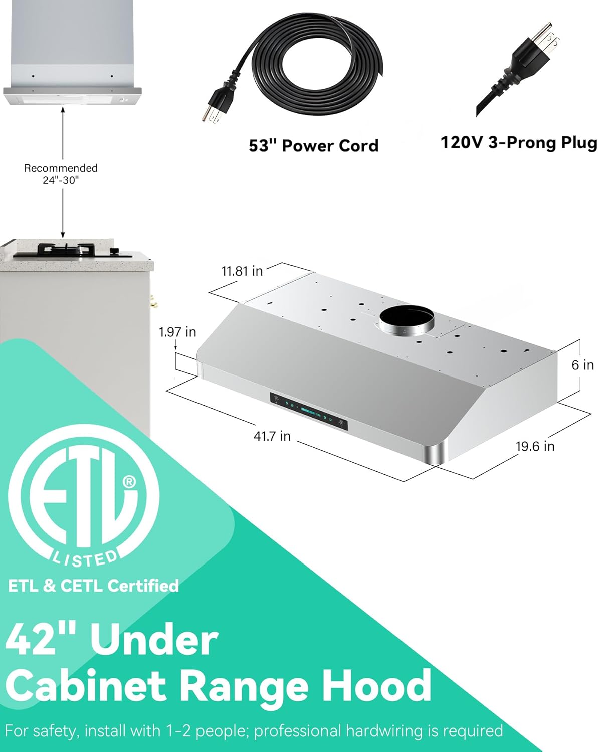 42 inch Stainless Steel Under Cabinet Range Hood - 900 CFM, Gesture Control, Ultra-Quiet 4-Speed Vent, LED Lights, External Venting