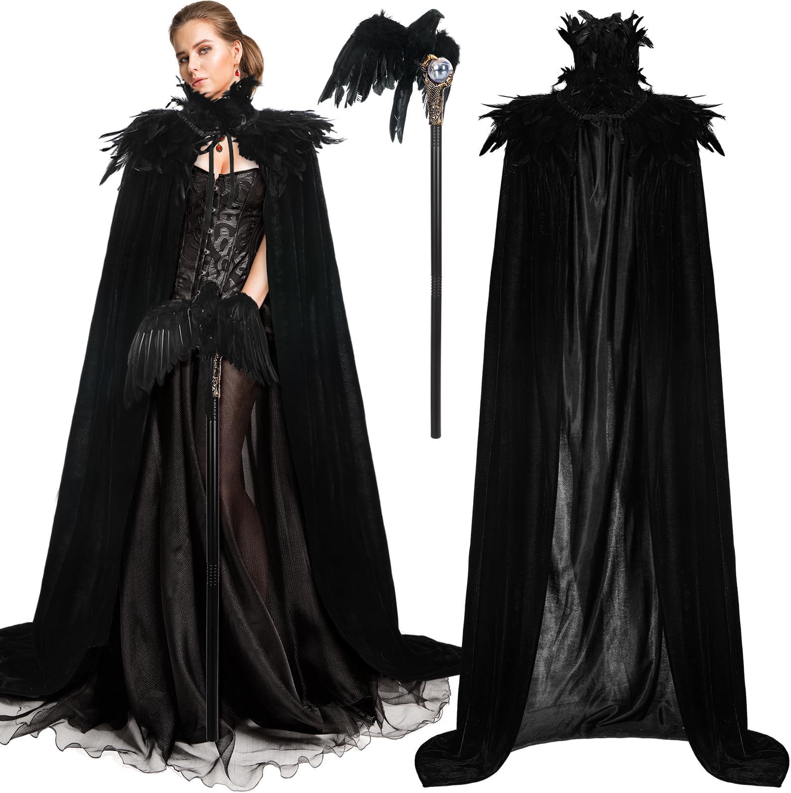 3 Pcs Women Halloween Evil Black Style Queen Costume Witch Crow Gothic Feather Cape Cosplay Party Props