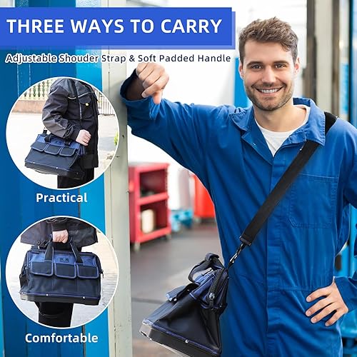 Miniatura 7 de Bolsa de herramientas de 16 pulgadas, organizador de herramientas con múltiples bolsillos con base de plástico resistente al agua, bolsa resistente