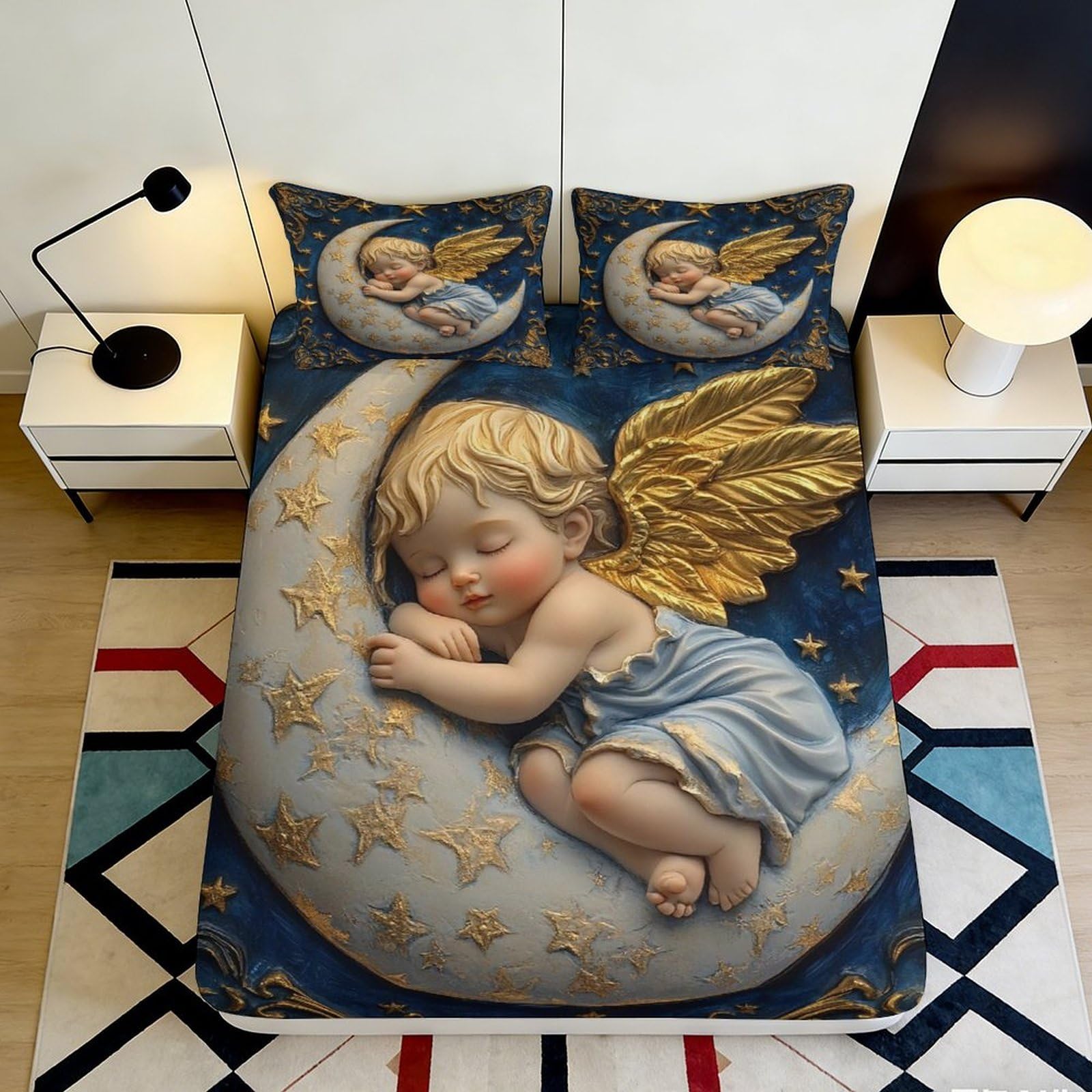 3D Printed Angel Moon Fitted Sheet Microfiber Soft Decorative Star Mattress Cover for Bedroom Dorm Guest Room 90x200x25cm