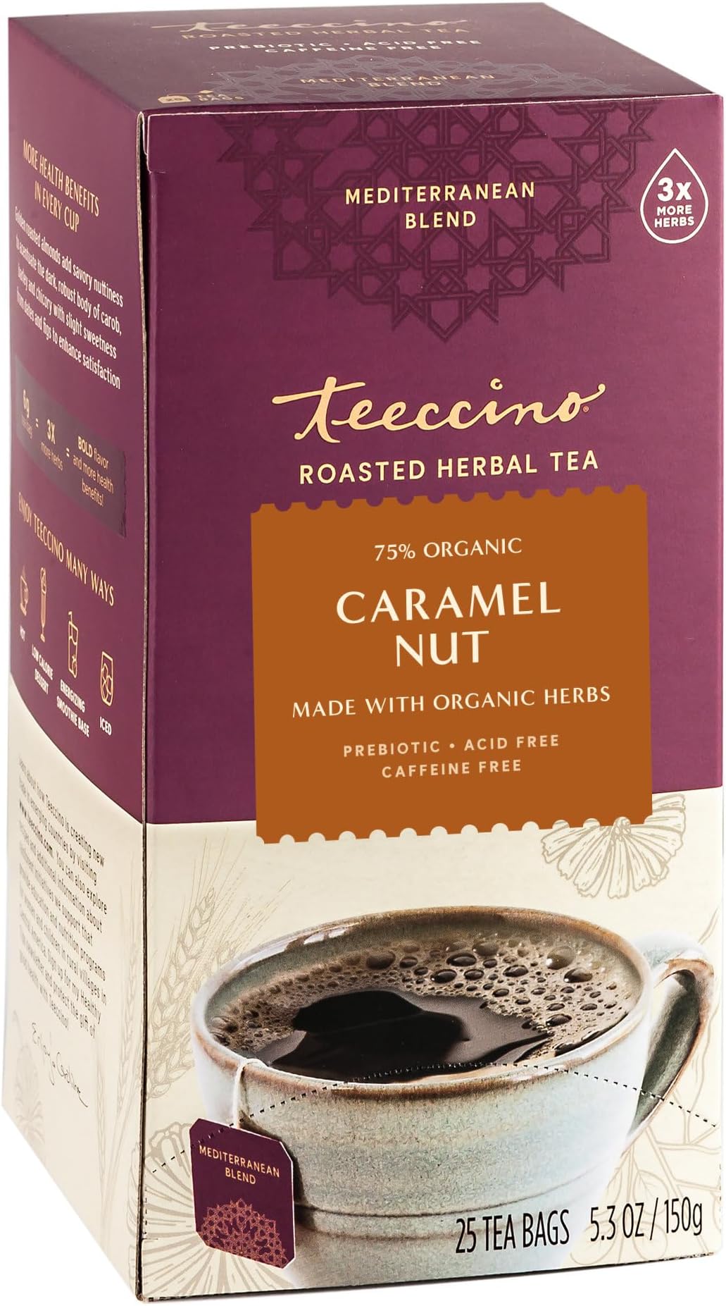 Teeccino Caramel Nut Herbal Tea - Rich & Roasted Herbal Tea That’s Caffeine Free & Prebiotic for Natural Energy, Coffee Alternative, 25 Count