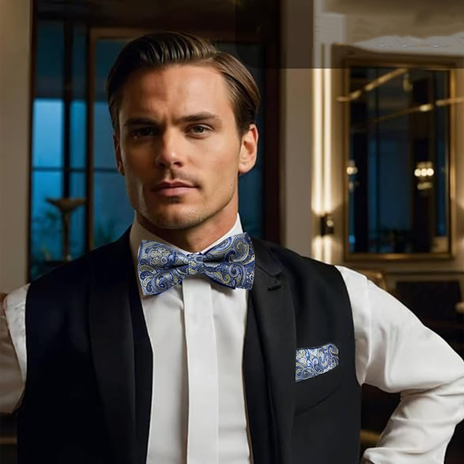 Fliege Herren und Manchettenknoepfe mit Einstecktuch Set, Verstellbare Polyester Vorgebunden Fliege Anzug Für Hochzeit Smoking Party