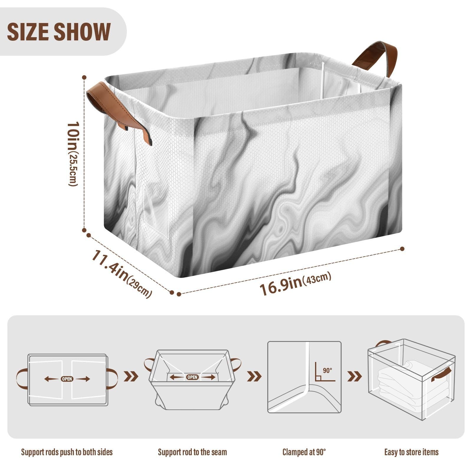 Black White Liquid Marble Agate Slab Paint Pastel Macro Wavy 2PC Rectangle Foldable Frame Basket Leather Handles Storage Bin for Laundry Bathroom Organizer M 16.9 x 11.4 x 10 inch