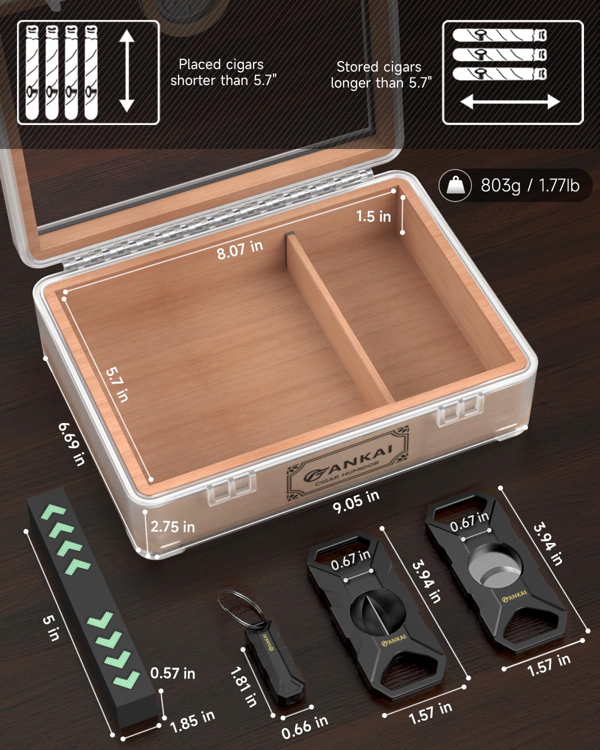 Cave à cigares, avec guillotine droite, coupe en V, perforatrice et support, étui à cigares en verre, doublure en bois de cèdre, accessoires humidificateur, hygromètre, coffret cadeau