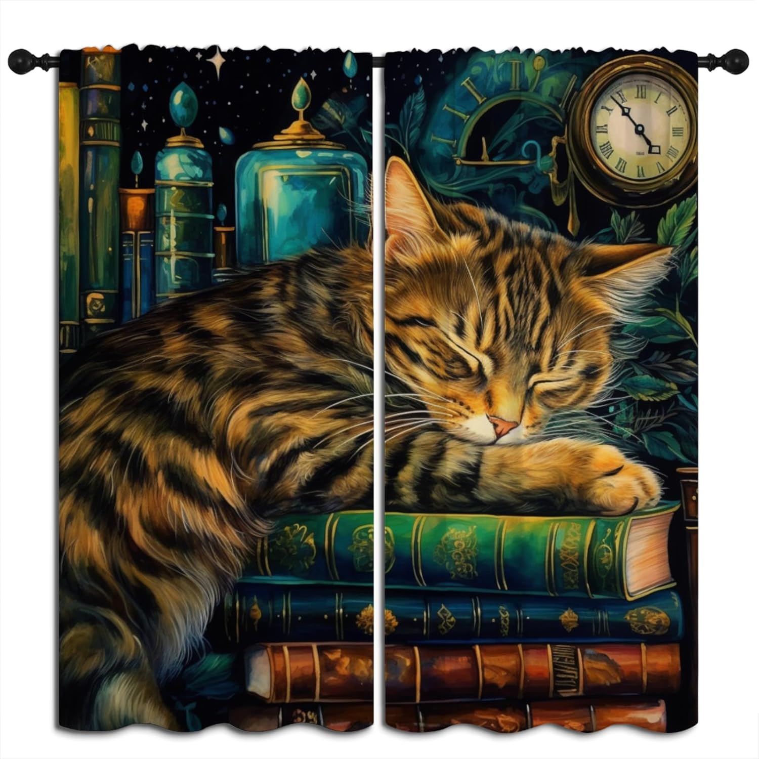 Library Bookshelf Blackout Curtains for Boys Girl Bedroom Home Decor,Watercolor Study Reading Book and Cartoon Cat Thermal Insulated Rod Pocket Darkening Living Room Window Drapes, 55 x 63 inch