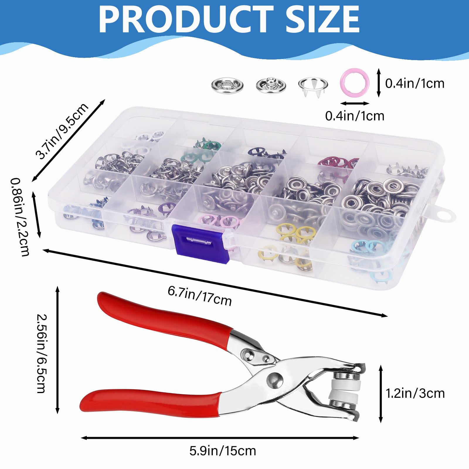 ASTIMESA 200 Sets Druckknöpfe Kit, 9,5 mm Metall Druckknöpfe für Stoff mit Verschluss Zange Presswerkzeug, Button Snaps Reparaturset für Kleidung Nähen Basteln Leder Kleid Jeans (hohl)
