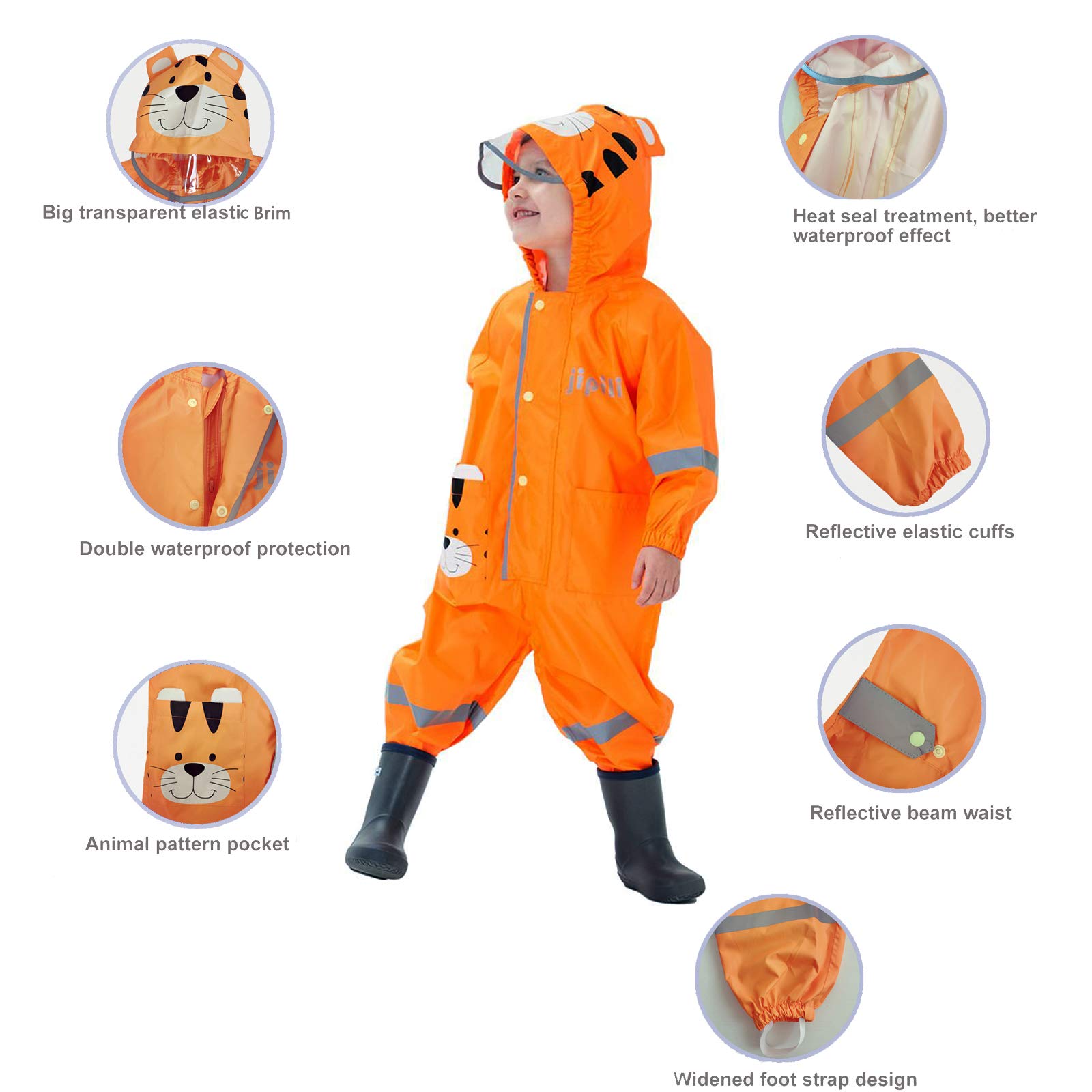 Regenmantel Kapuze Kinder Wasserdicht Leicht Regenanzug Einteilig | Mädchen Jungen Outdoor Regenoverall mit Transparenter Hutkrempe, Overall Regen, Regenjacken 1-8 Jahre, Wandern Matschoverall
