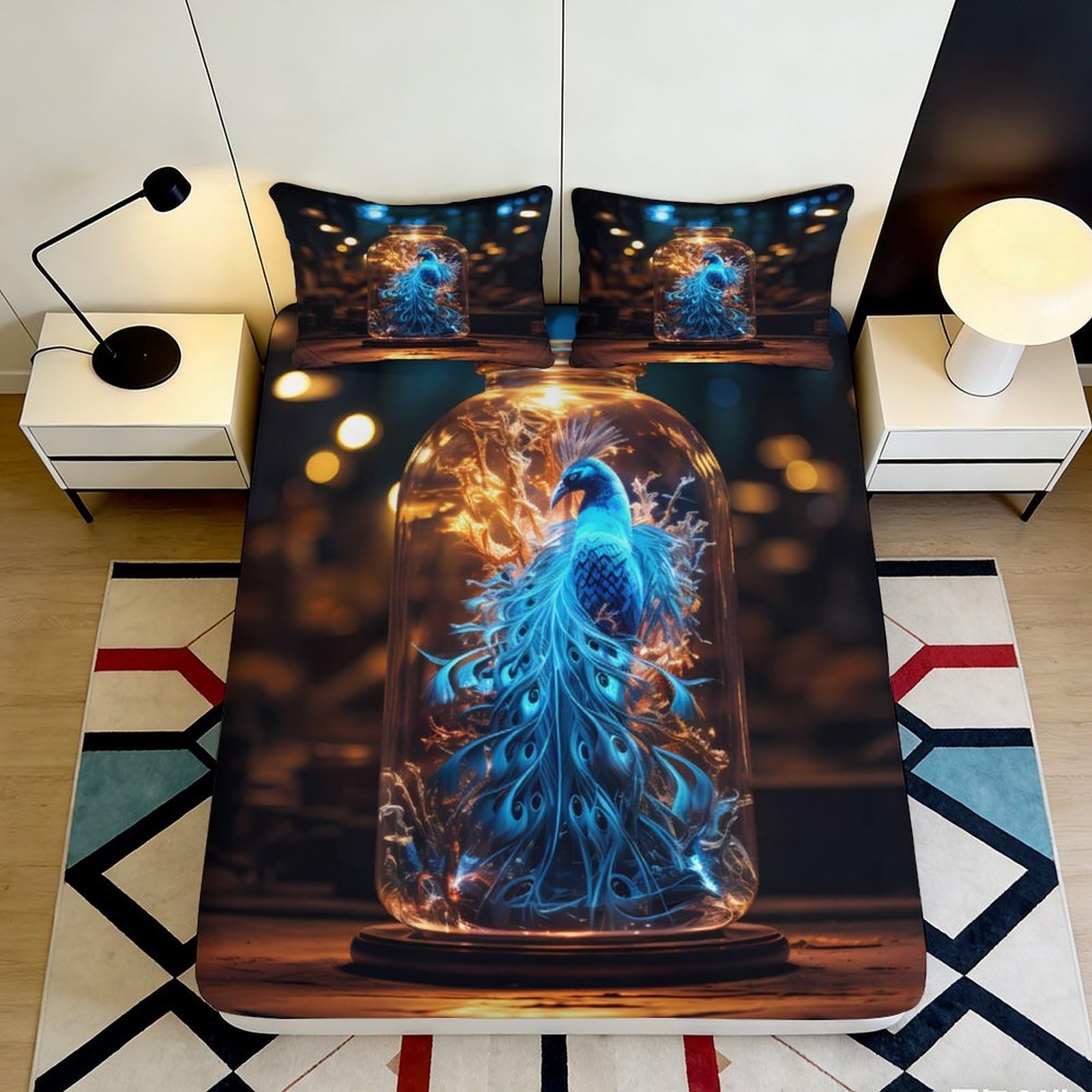Jqzkxnhpbr Style-4 3D Printed Blue Peacock Fitted Sheet Microfiber Non Slip Artistic Bed Cover For Bedroom Guest Room Easy Care Decor 90X200x25cm