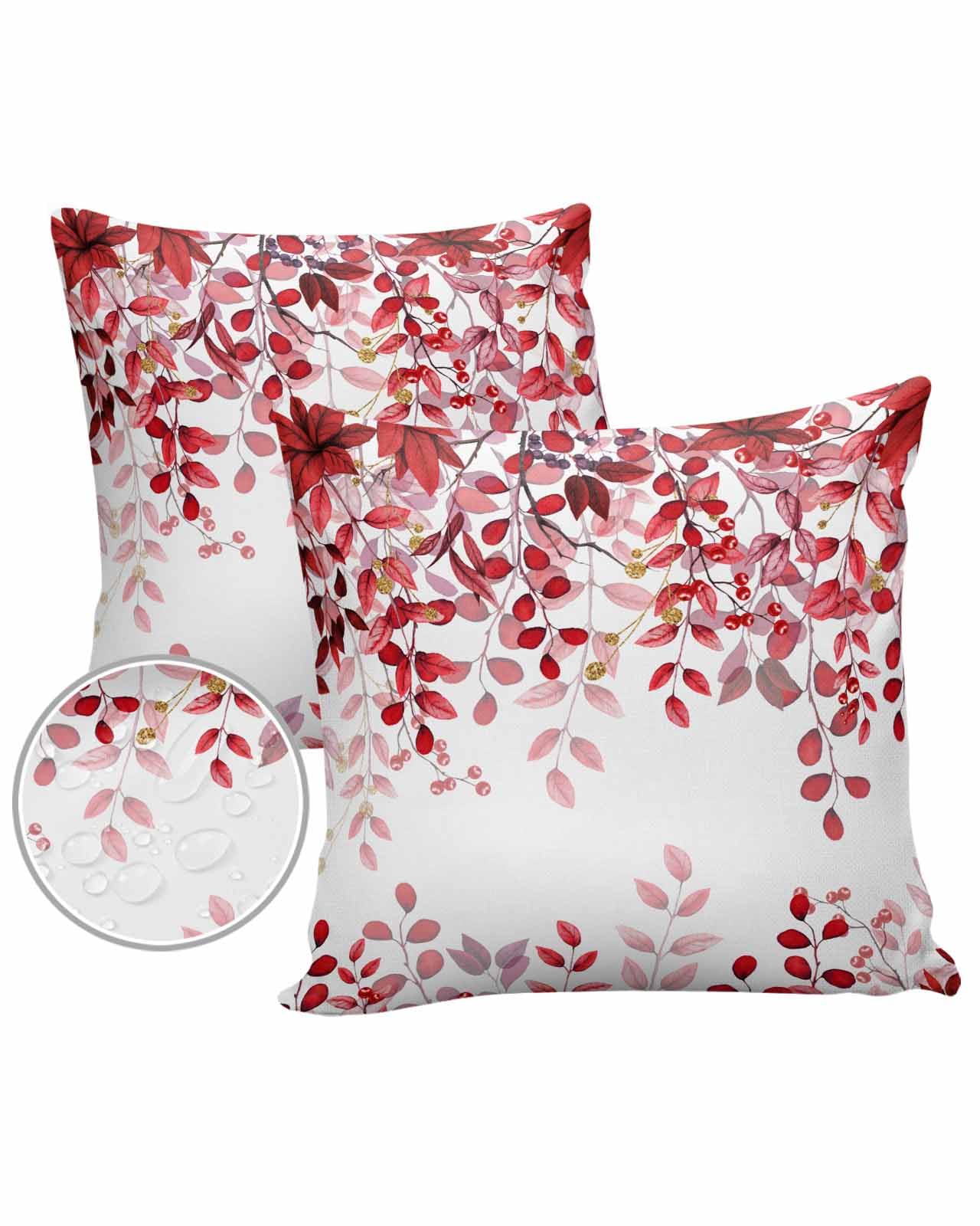 Red Eucalyptus Leaves Outdoor Pillow Covers Waterproof, All Weather Cushion Case Set of 2, Abstract Minimalist Plant Art Decorative Pillowcases for Sofa Couch Bed Decor Patio Furniture 20