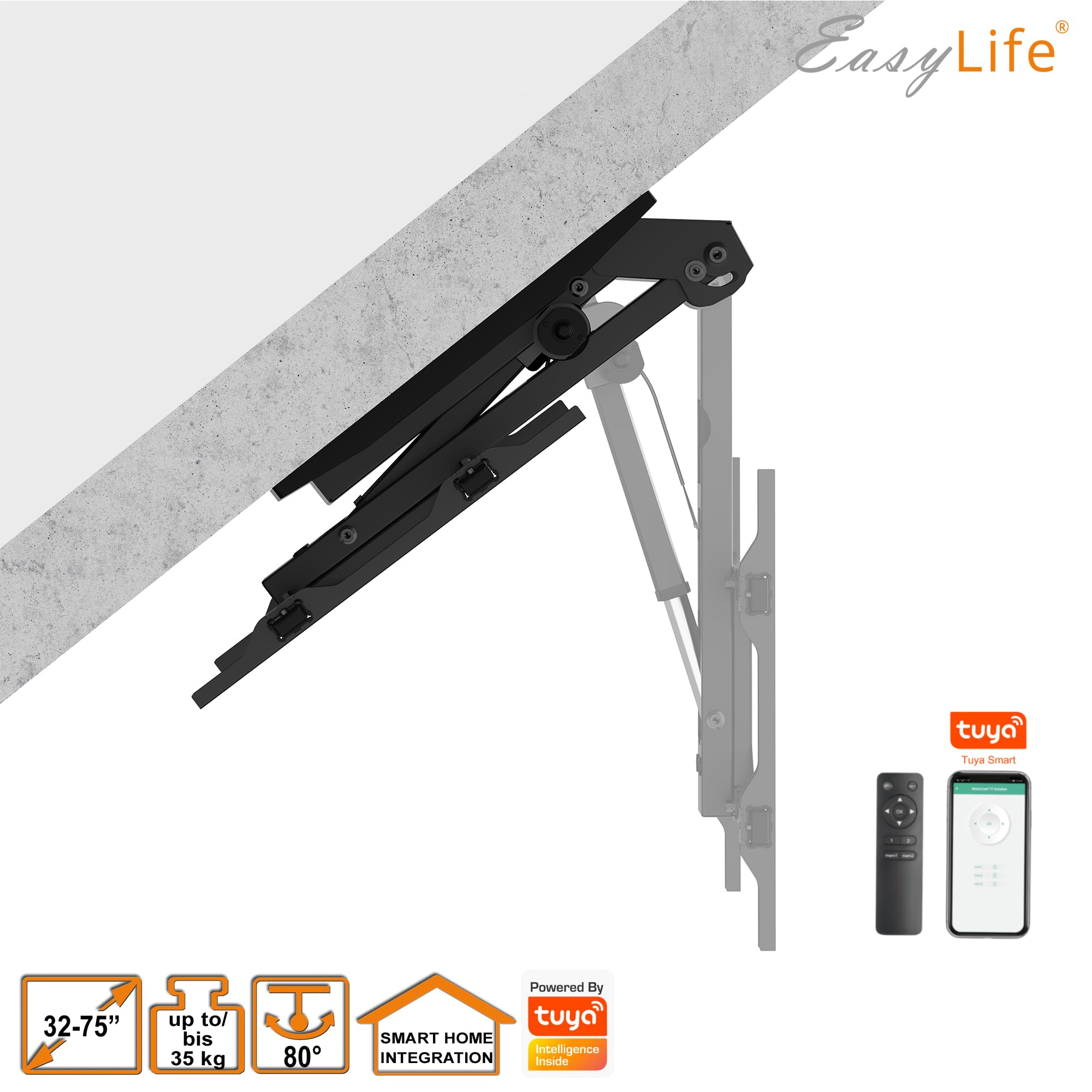 EasyLife - Uchwyt sufitowy do telewizora V2 Smart Home, elektrycznie wychylny, integracja Smart Home, od 37 do 75 cali, uchwyt VESA do 600 x 400 cm, do telewizorów LCD/OLED, monitora, wyświetlacza
