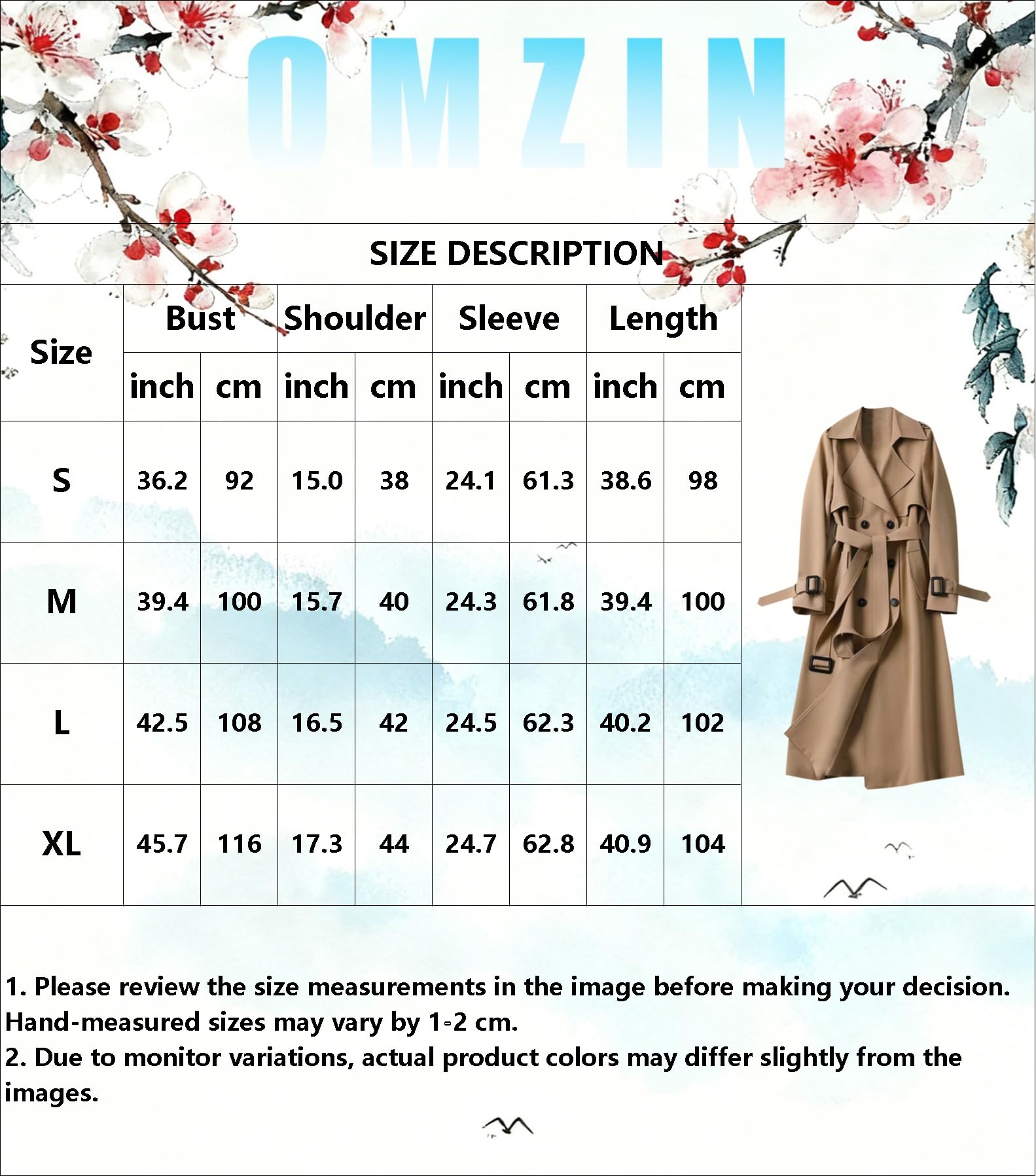 OMZIN Classique Outwear Pour Femmes Vintage Double Breasted Long Trench Coats Casual Windproof Overcoat Avec Ceinture