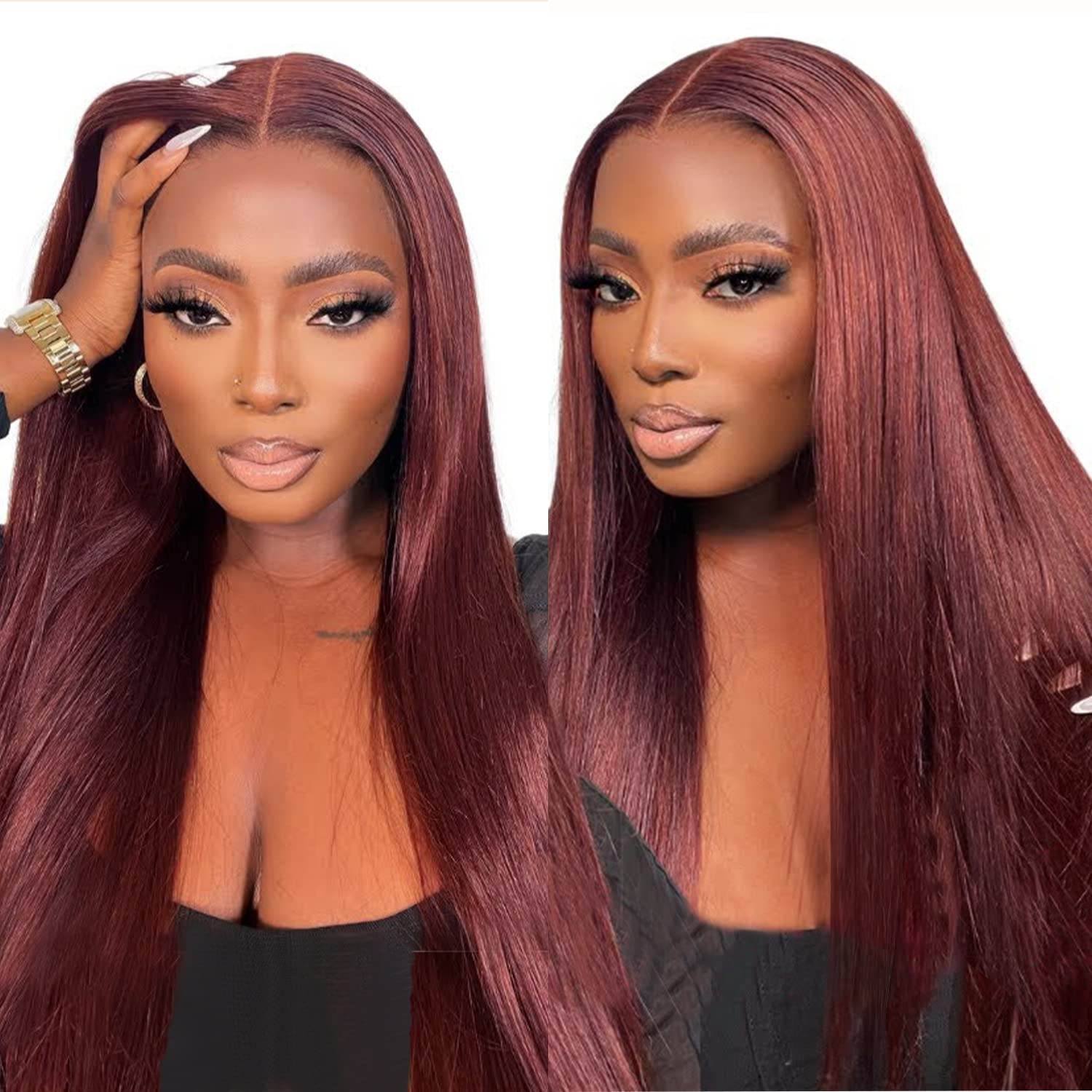 BrownBomb Reddish Brown Lace Front Wigs Pre Plucked Ready to Wear, HD Glueless 13X5X1 Synthetic Lace Front Wigs for Women 180 Density, Rich Reddish