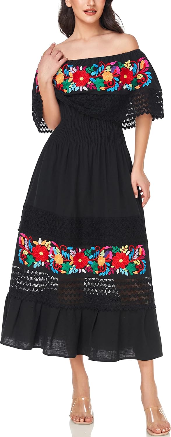 YZXDORWJ Women Embroidered Mexican Peasant Casual Sexy Lace Off-Shoulder Long Dress - Image 3
