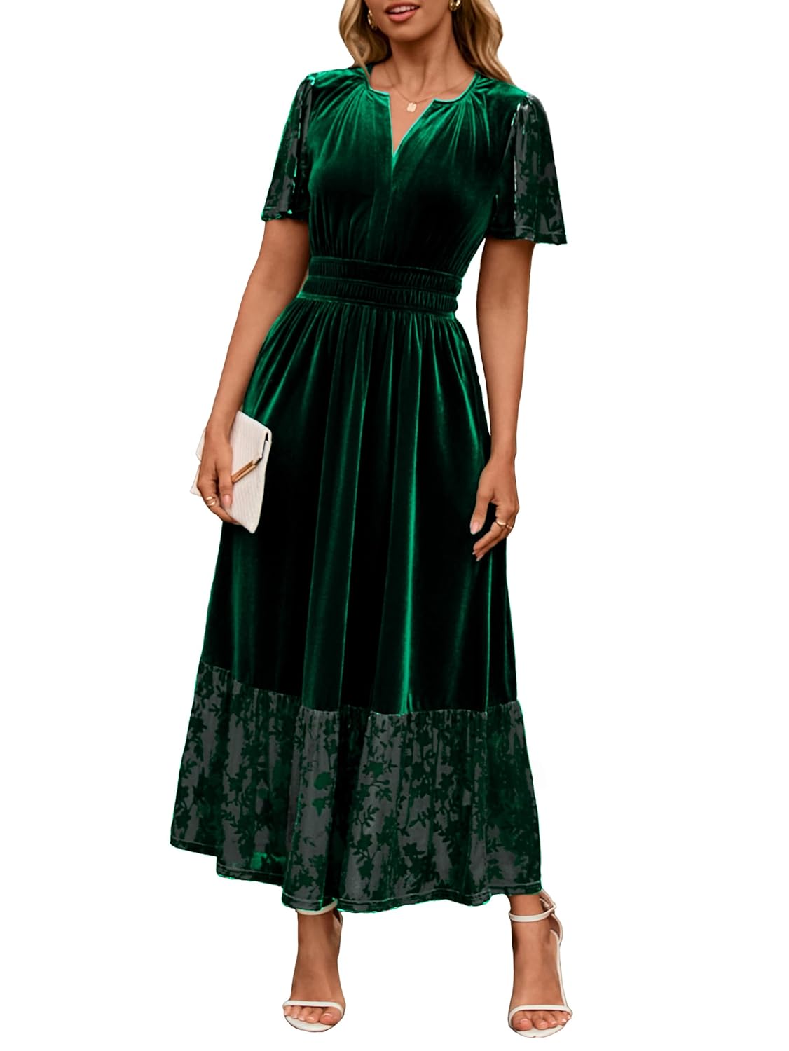 Simplee Womens Formal Velvet Maxi Dress Fall Winter V Neck Floral Short Sleeve Empire Waist Wedding Guest Dresses