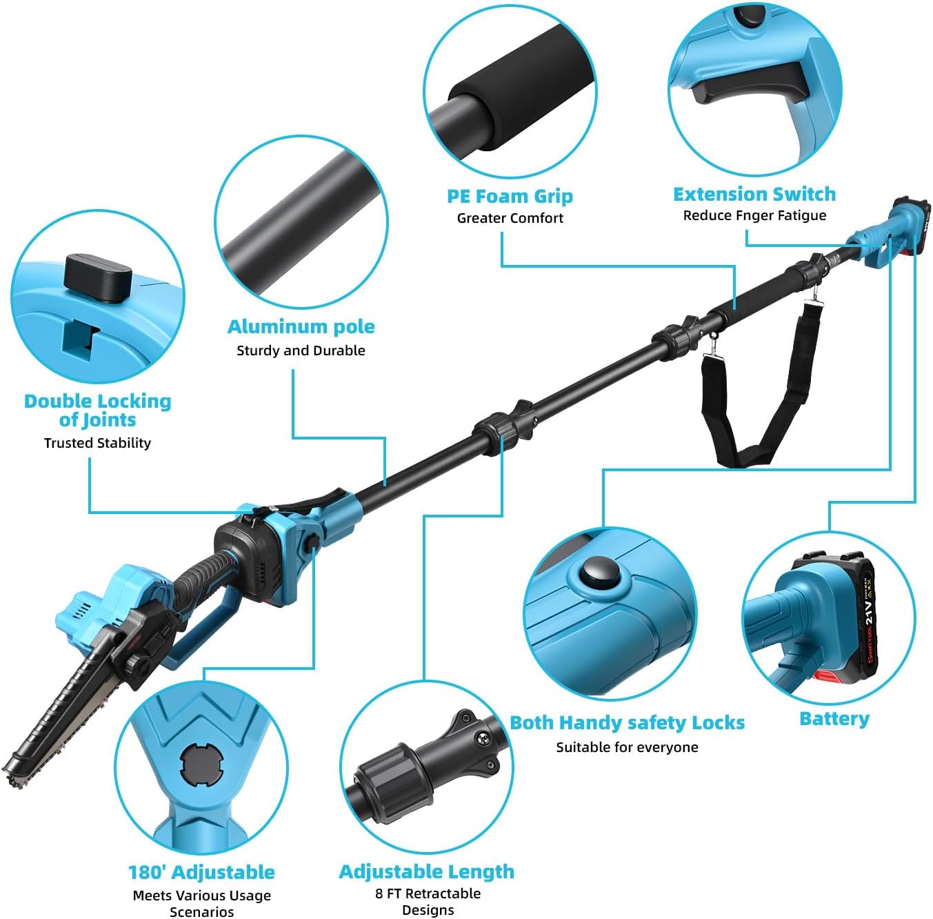 2-In-1 Pole Saws & Mini Chainsaw, Extension Pole Rotatable Pole 14ft Max Reach, With 2.0ah Batteries And Shoulder Strap, 21v Chainsaw For Tree Limb Branch Cutter By SHINTYOOL