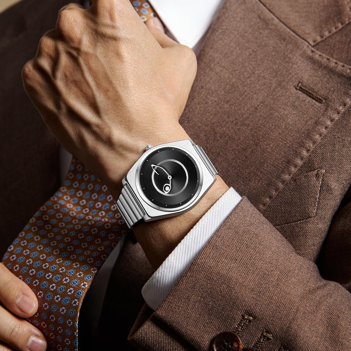 PINTIME Moderne Edelstahl Armbanduhr - Futuristische blaue Zifferblatt Uhr für Herren mit asymmetrischen Zeigern | Minimalistisches Quarzdesign
