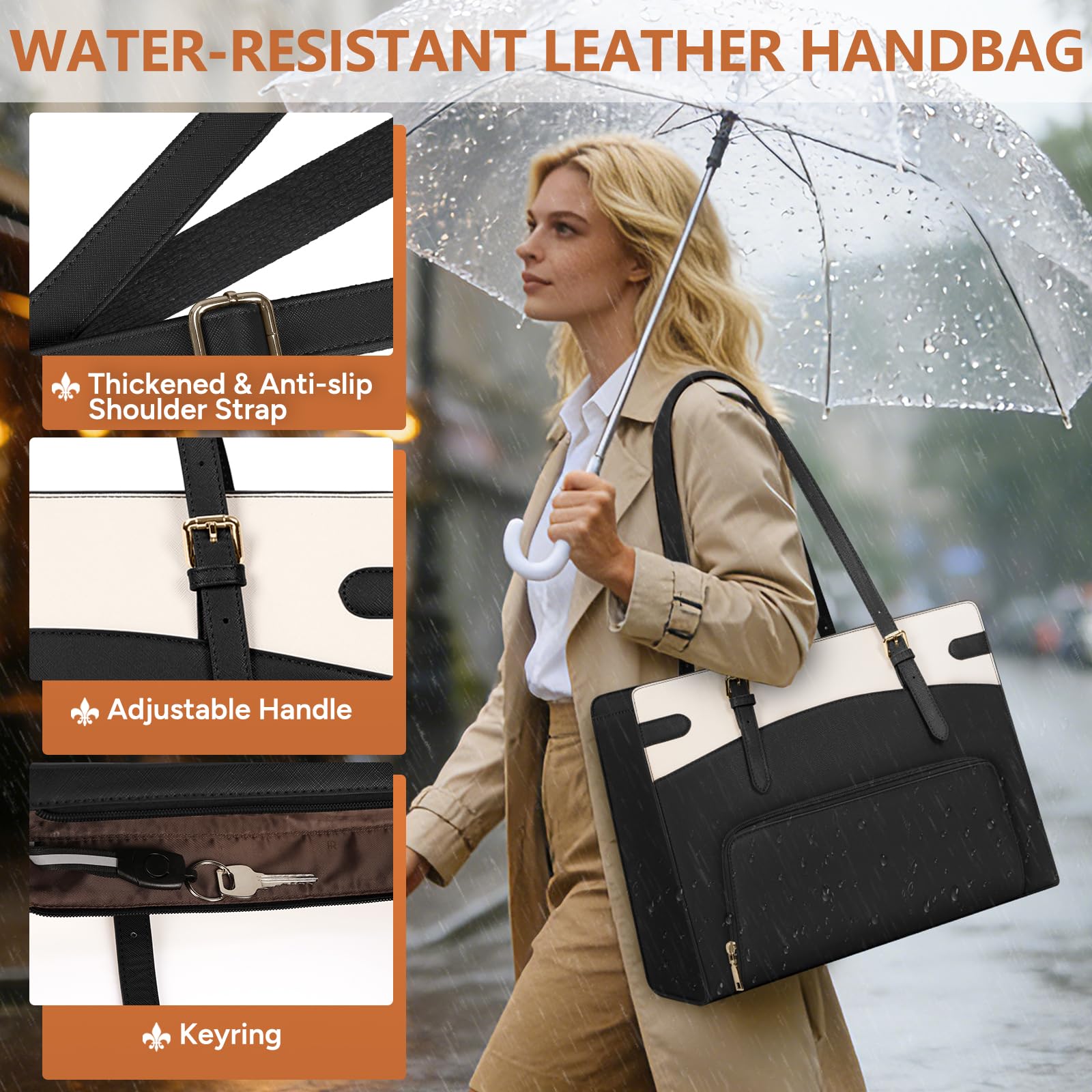RAINSMORE Laptop Bags for Women with Insulated Lunch Compartment Work Tote Bag 15.6 inch Large Laptop Handbag PU Leather for Office Business College — view 6