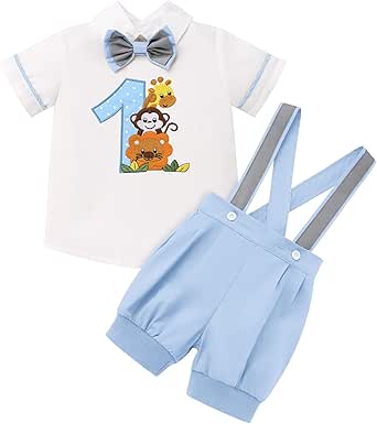 FYMNSI Costume De Fête Pour Bébé Garçon Jungle 1er Anniversaire En Coton à Manches Courtes + Short + Bretelles, Bleu, 6-12 Mois