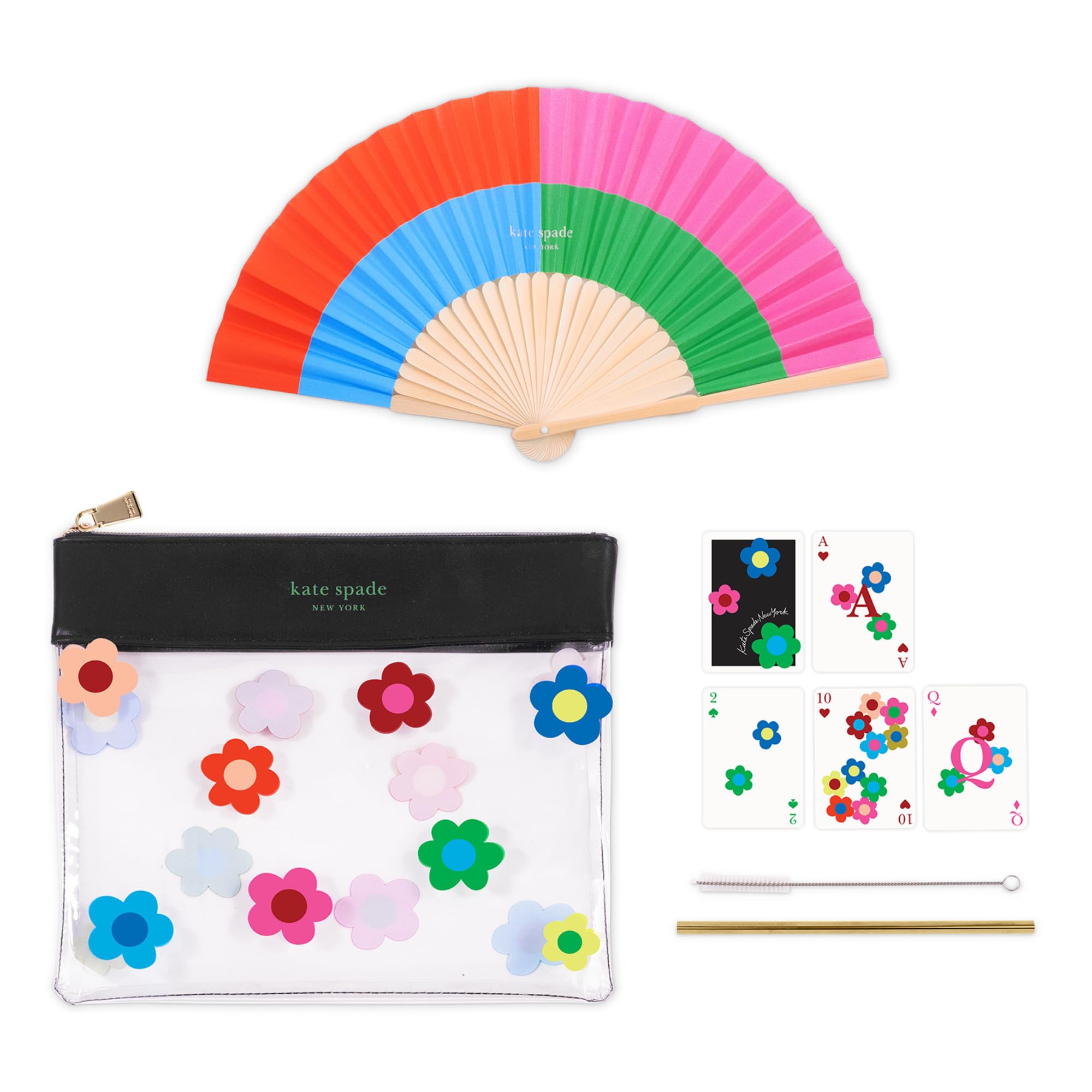 kate spade new york Outdoor Fun Pouch with Clear Pouch, Waterproof Playing Cards, Paper Fan, Stainless Steel Straw and Cleaner, Gingham Garden