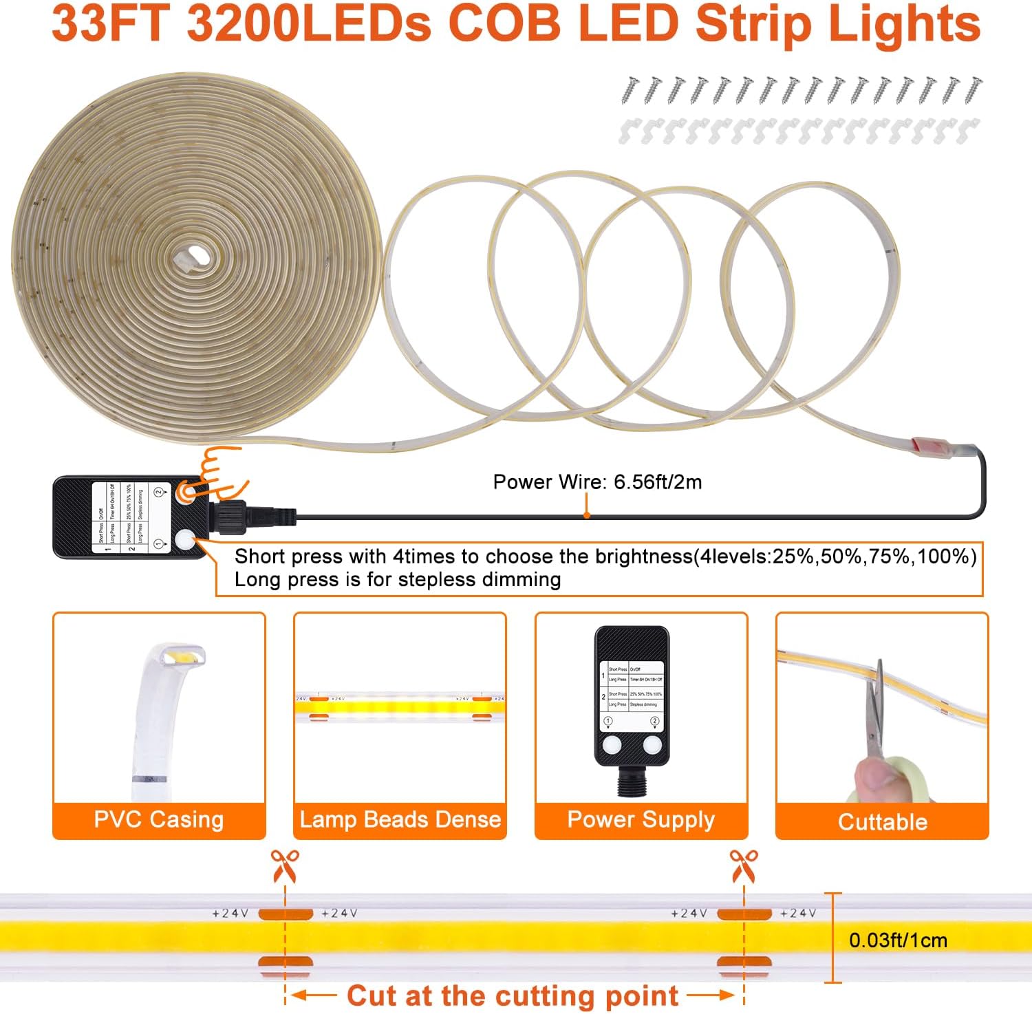 OMIKA 33FT Super Bright 3200LEDs COB LED Strip Lights Outdoor Waterproof, 6000K Cool White Plug in Rope Light Tape Light Flexible with Self-Adhesive Timer Dimmable for House Garden Camping DIY