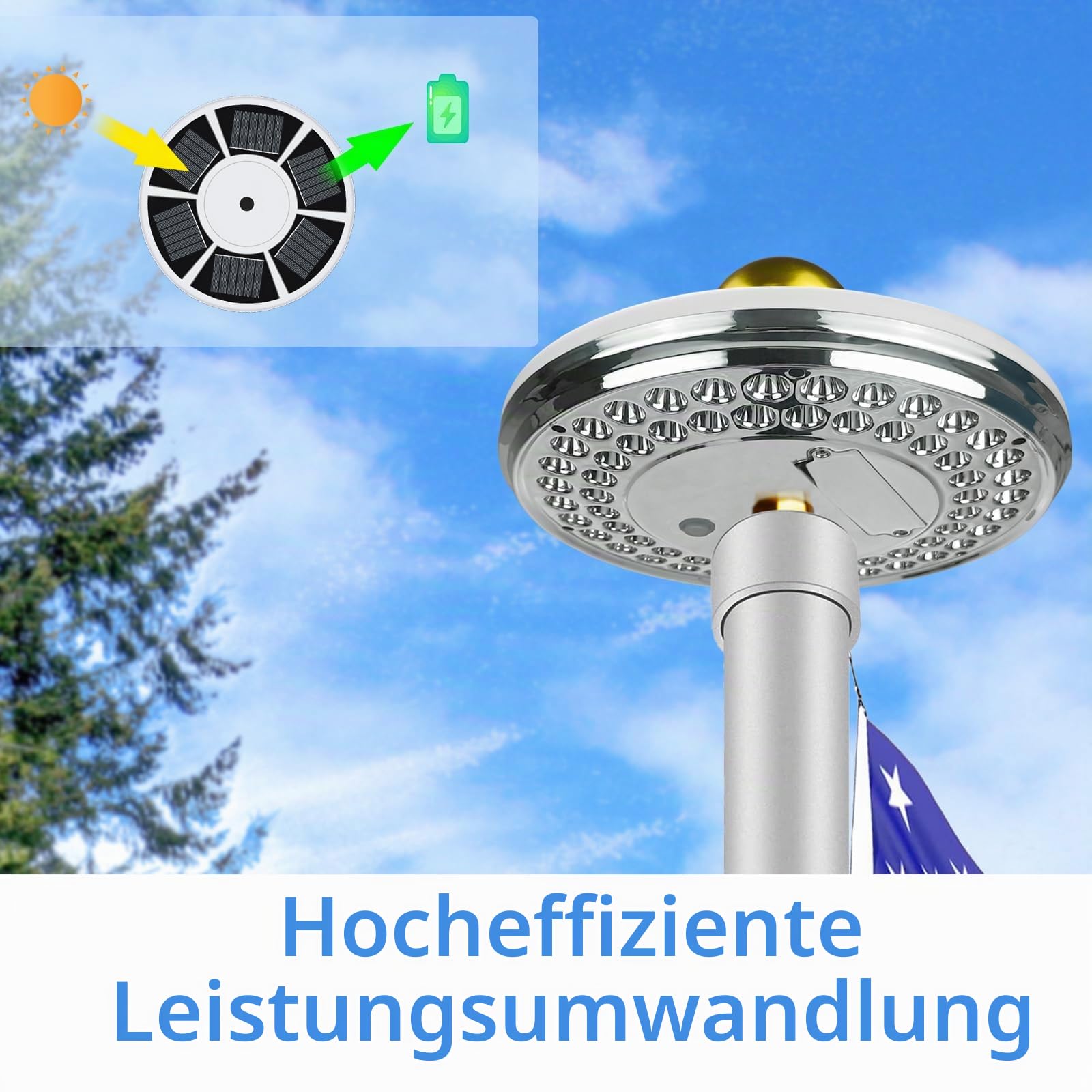 Solar-Fahnenmast der 2. Generation, 60 LEDs, superhelles Fahnenmast-Solarlicht, 30 % heller, IP65 wasserdicht, für 3.8 bis 7.5 m Boden-Teleskop-Fahnenstangen (Deluxe, silberfarben) )