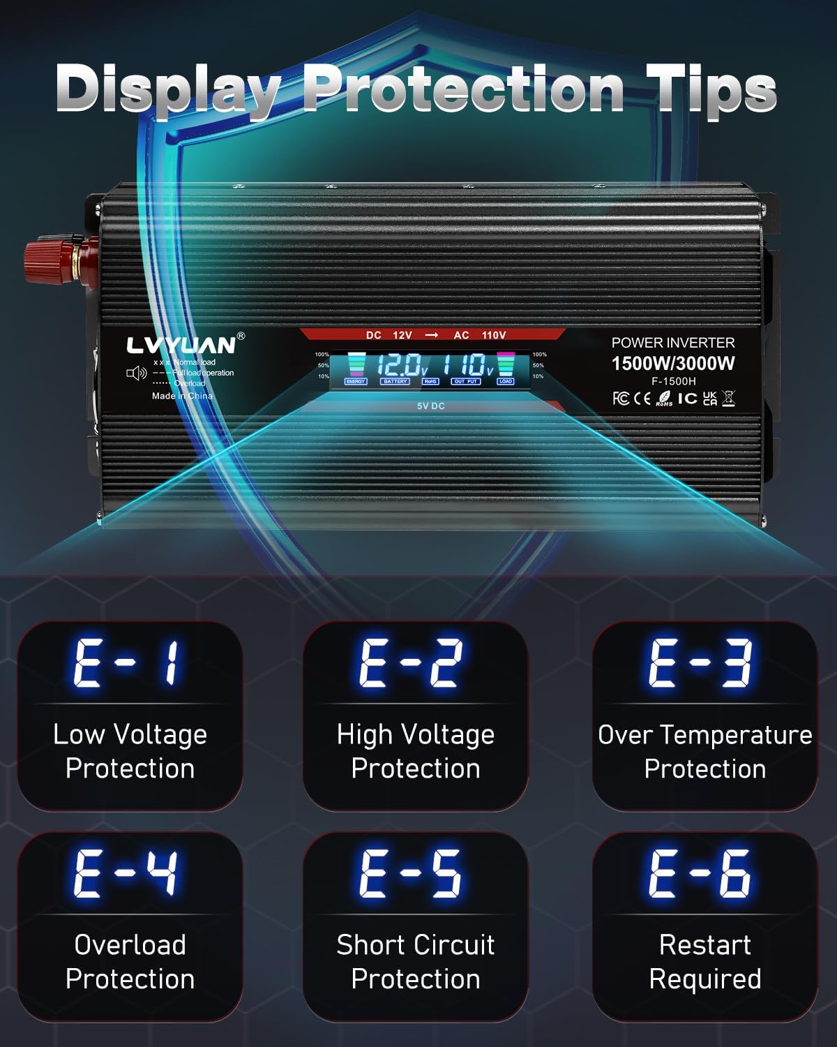 LVYUAN 1500W Car Power Inverter 12V to 110V DC to AC with 2 US Sockets, Cigarette Lighter, LCD Display, USB Ports for Car, Home, Truck, Outdoor, Camping