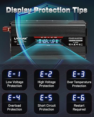 Vista 19 de LVYUAN Inversor de corriente de coche de 1500 W de 12 V a 110 V para vehículos con pantalla LED, salidas de EE. UU., puertos USB para acampar al Rojo