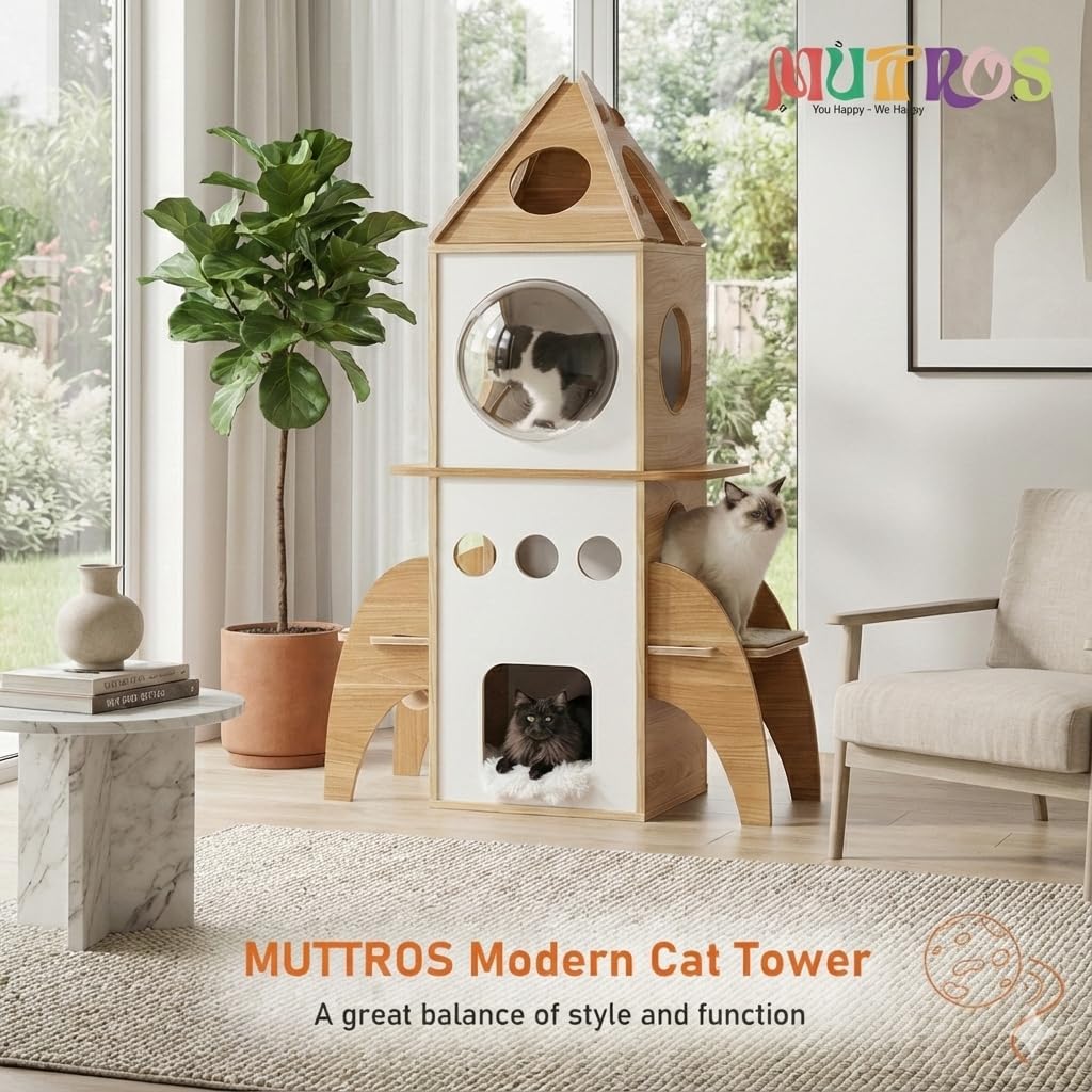ロケット型キャットタワー 高さ137cm Amazon | MUTTROS モダンキャットツリーロケット形状 54インチ 木製