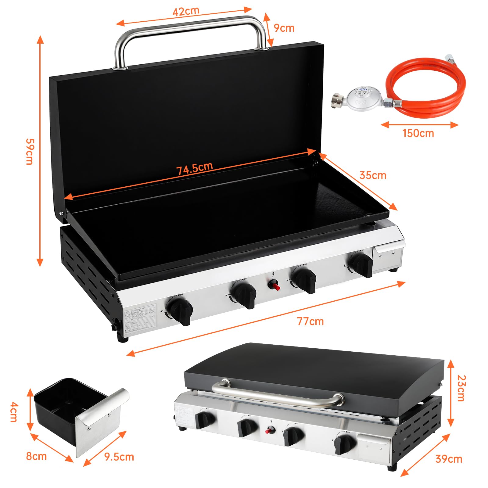 LIFERUN Tischgasgrill mit 4 Edelstahl-Brenner(9.6KW),groß Tischgrill mit Deckel(Grillfläche 74×35cm),Campinggrill Keramische Lackbeschichtung Grillplatte,Balkongrill für Familien,Gartenpartys,Feiern