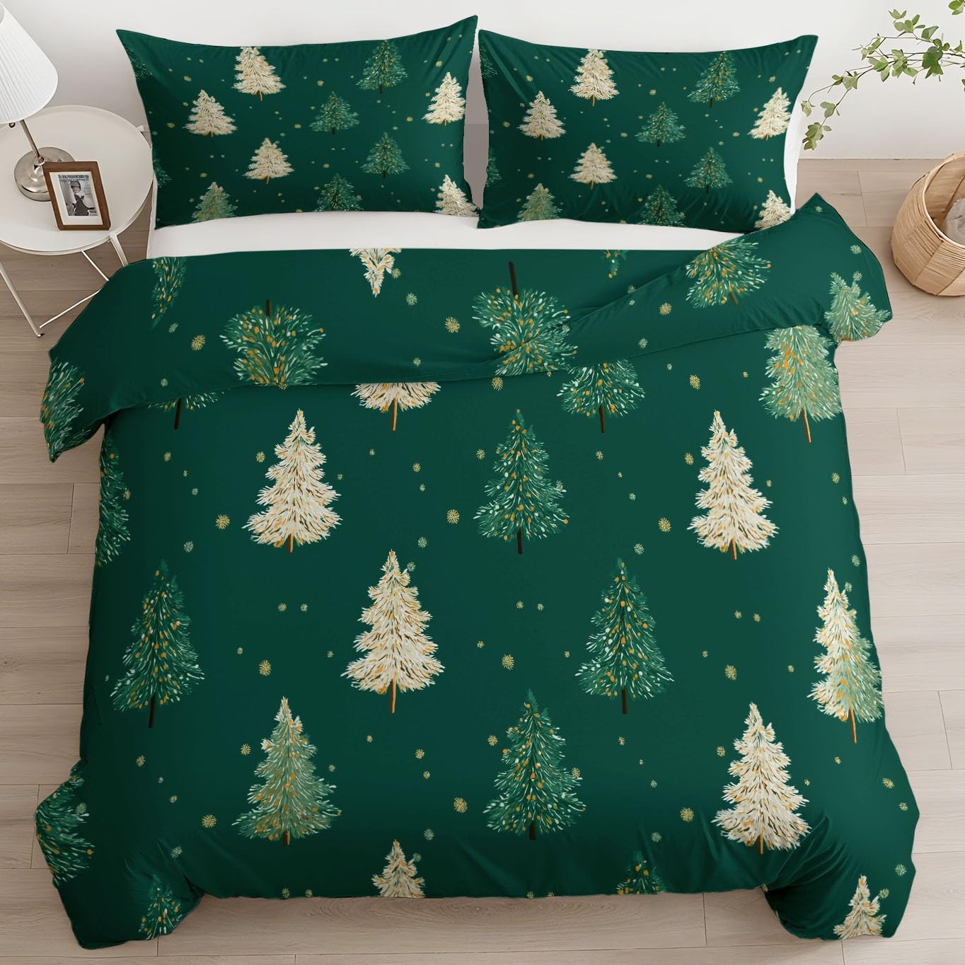 Copripiumino Matrimonialecartone Animato Albero Di Natale, Copripiumone Microfibra Anallergico, Verde Scuro 200 X 200 Cm Biancheria Da Letto Reversibile Con Stampa Con Cerniera & Federa 50 X 80 Cm