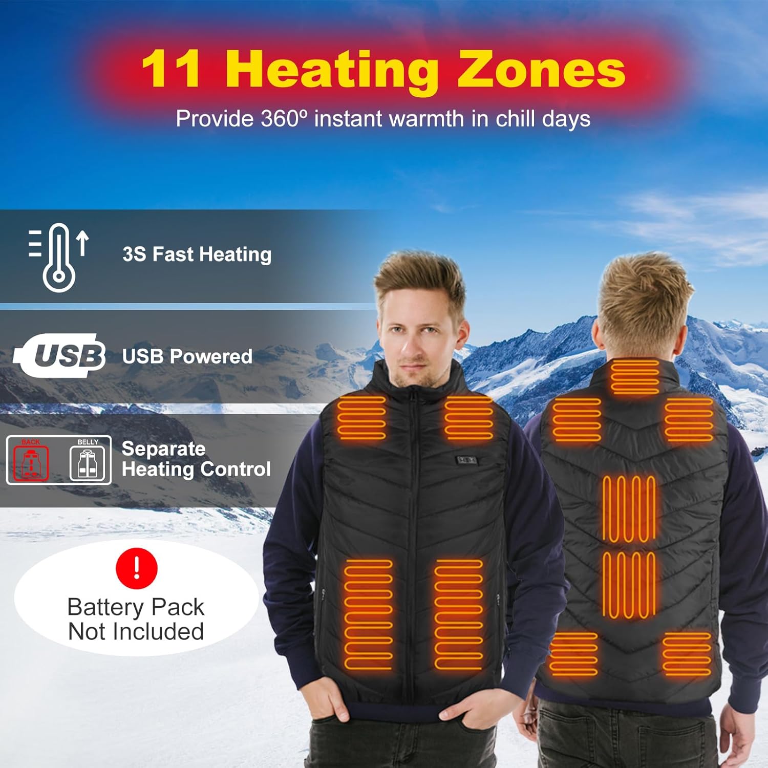 Heated Vest, USB Electric Vest with 11 Heated Zones, 3 Temperature Levels Warming Heated Jacket Coat for Men Women