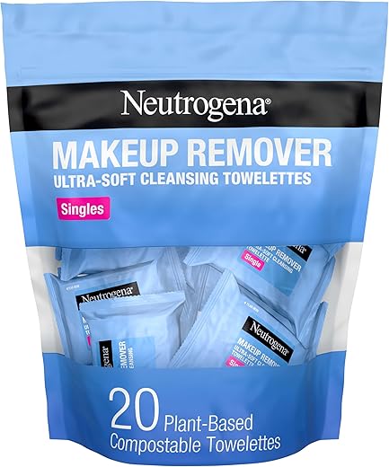 Neutrogena Makeup Remover Wipes Singles, Daily Facial Cleanser Towelettes, Gently Removes Oil & Makeup, Alcohol-Free Makeup Wipes, Individually Wrapped, 20 ct