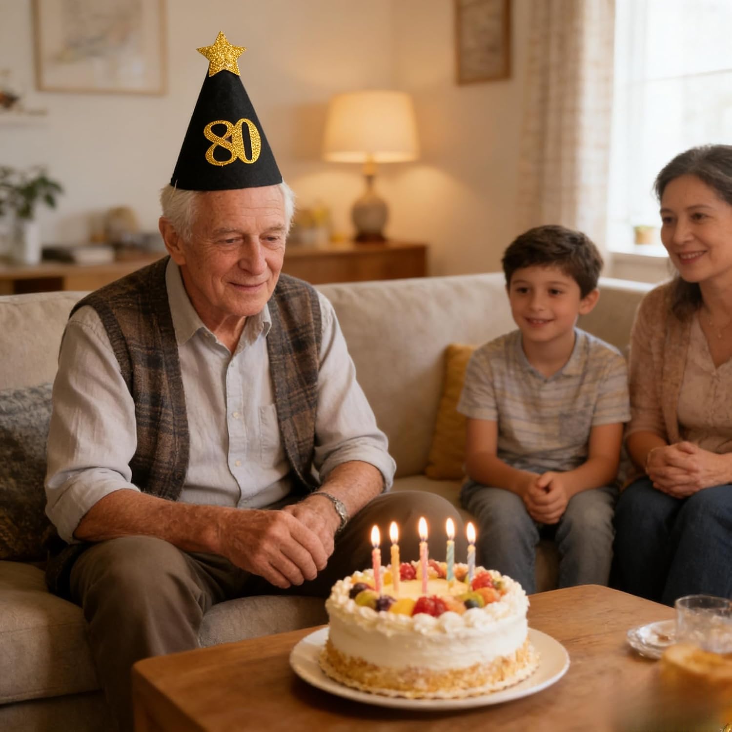80th Birthday Felt Hat for Men & Women 2MM Premium Black Felt Party Hat with Double-Sided Gold Glitter "80" & Star, Pre-Strung for 80th Birthday Parties, Milestone Celebrations & Anniversary Events