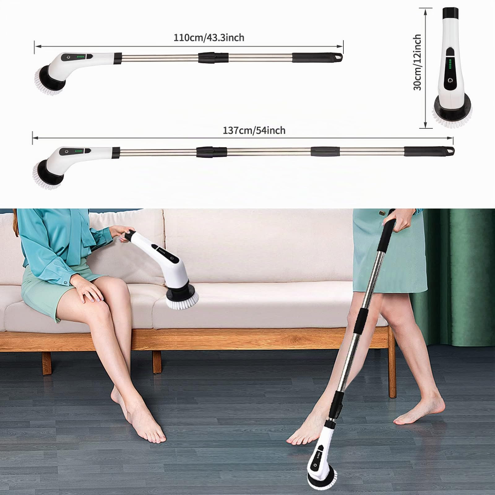 FARI Cepillo de limpieza eléctrico e inalámbrico con 7 cabezales reemplazables, bañera y baldosas, fregona eléctrica con mango ajustable para cuarto de baño y cocina, blanco