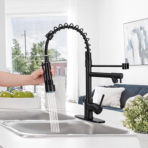 Miniatura 3 de FGKQ Grifos de cocina con rociador extraíble, grifo de cocina negro de una sola manija, grifo comercial de doble cabezal para fregadero de cocina,