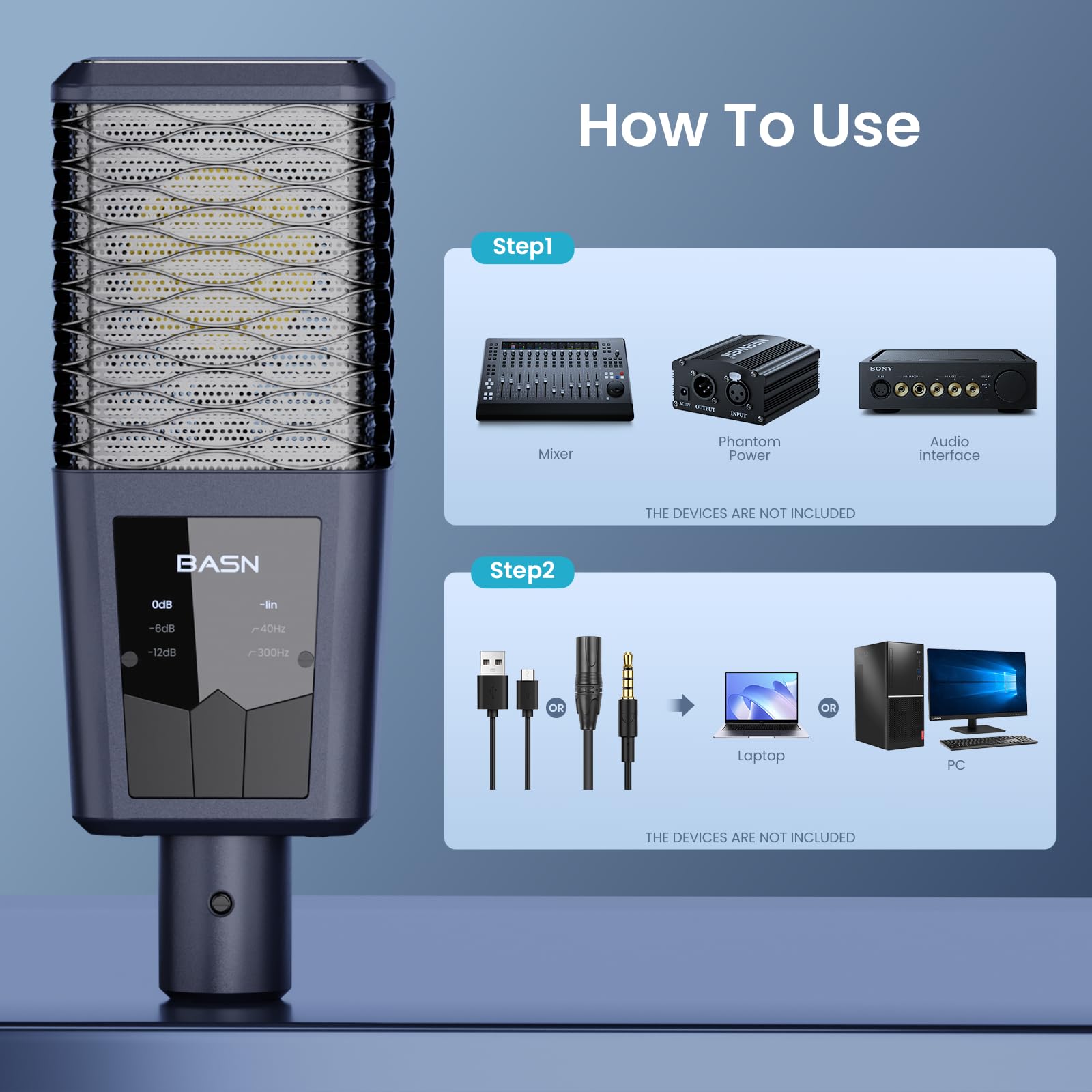 BASN BMS2 Microfono a condensatore cardioide (blu) | Microfono per registrazione da studio XLR, con diaframma grande, interamente in metallo, per podcasting, canto e streaming