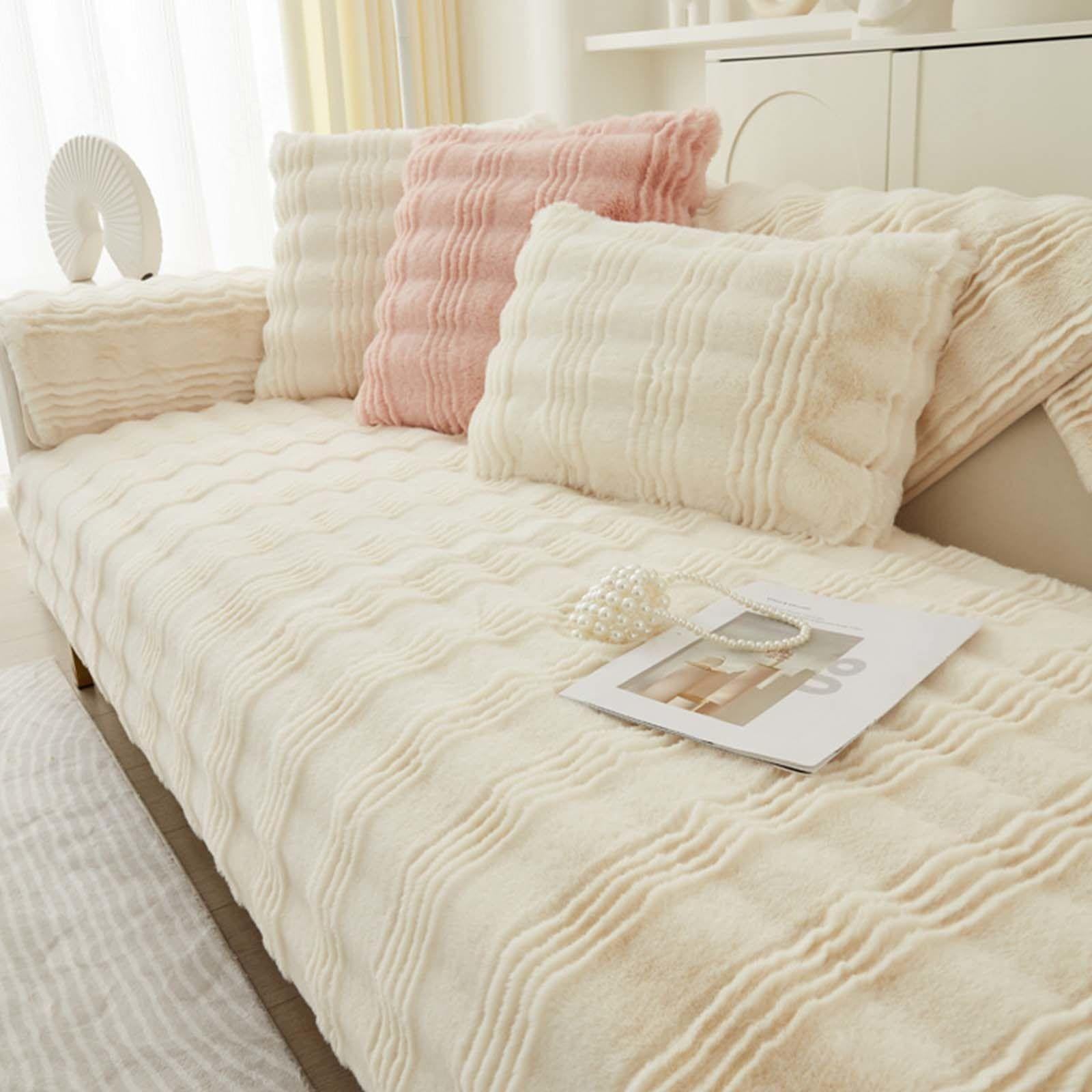 Racib Milkwhite Fuzzy Corner Non Slip Sofa Cover, Waterproof, L Shape 1-4 Seater, 110 * 210cm